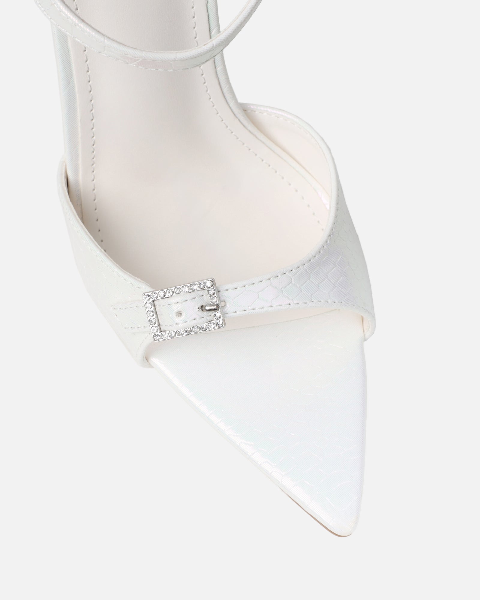 Kameo White Faux Snake Effect Diamante Buckle Heels | SIMMI London