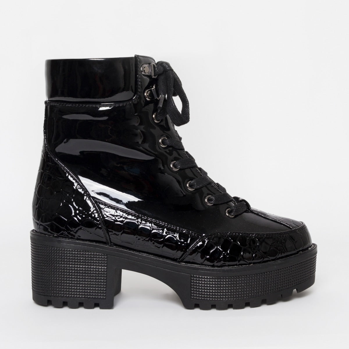 Patent Karmen Pump Patent Hiking Boots Karmen Black Patent Croc Lace Up  Hiking Ankle