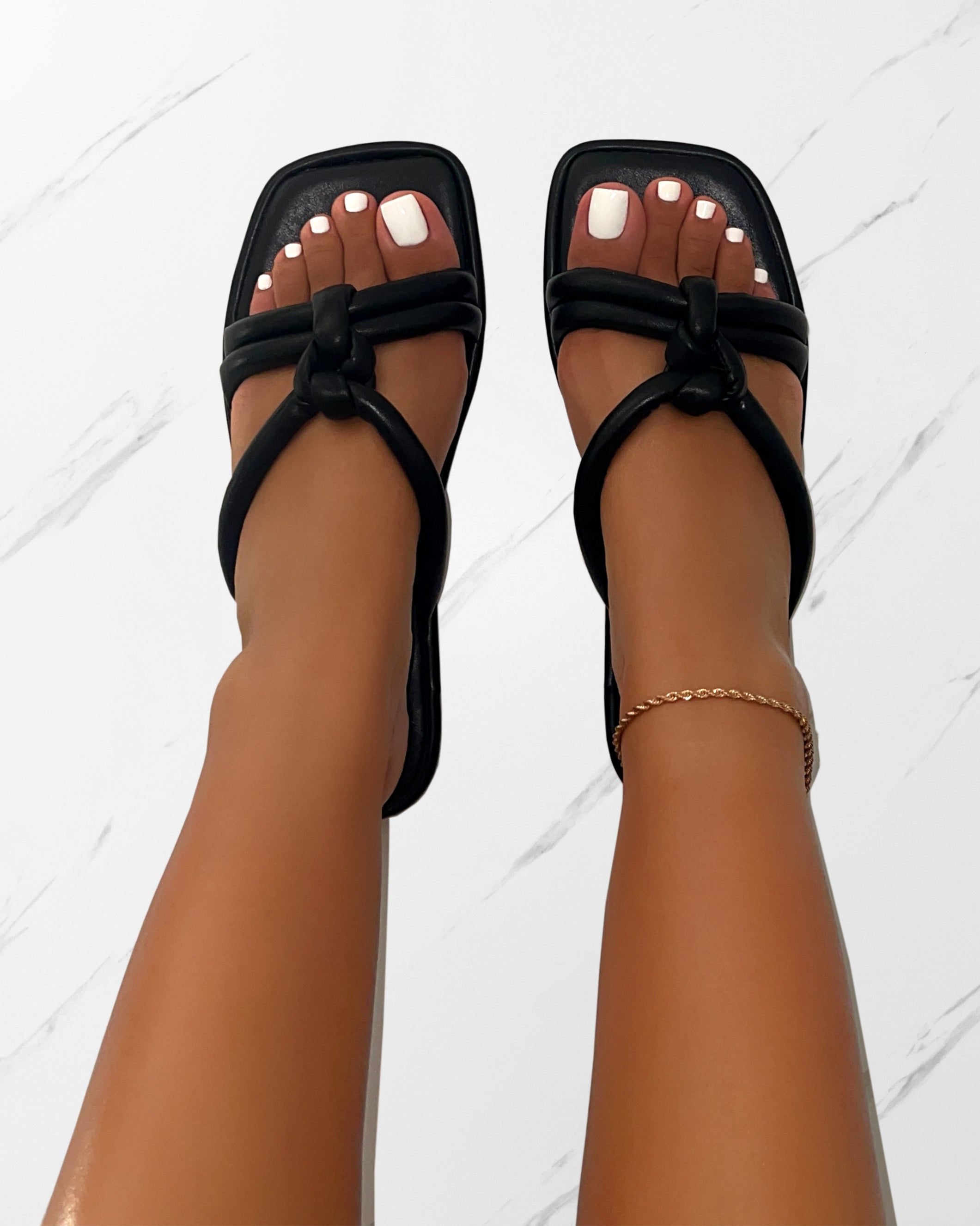 Olena Black Padded Knot Flat Sandals
