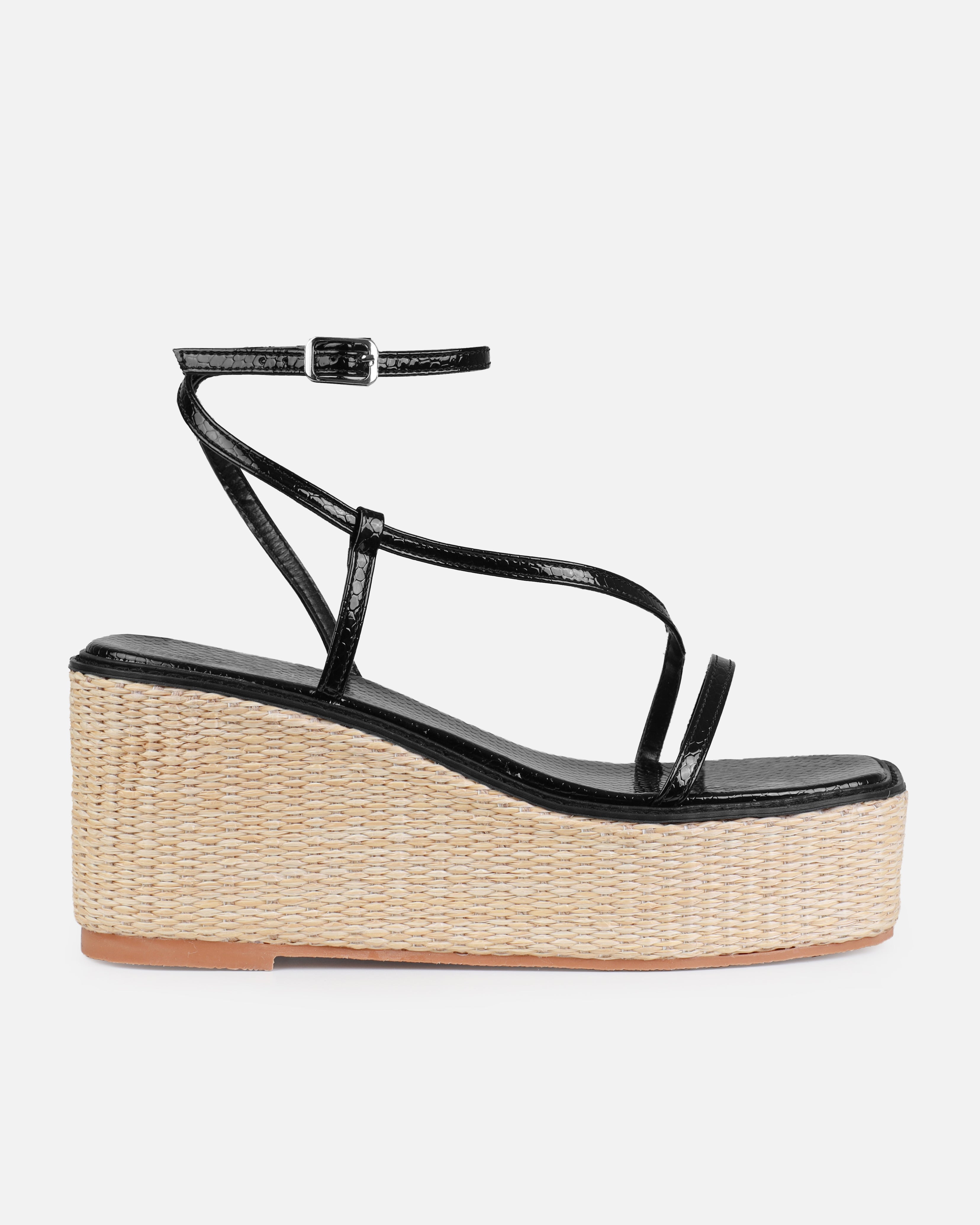 Kerensa Black Faux Snake Print Strappy Espadrille Wedges | SIMMI London