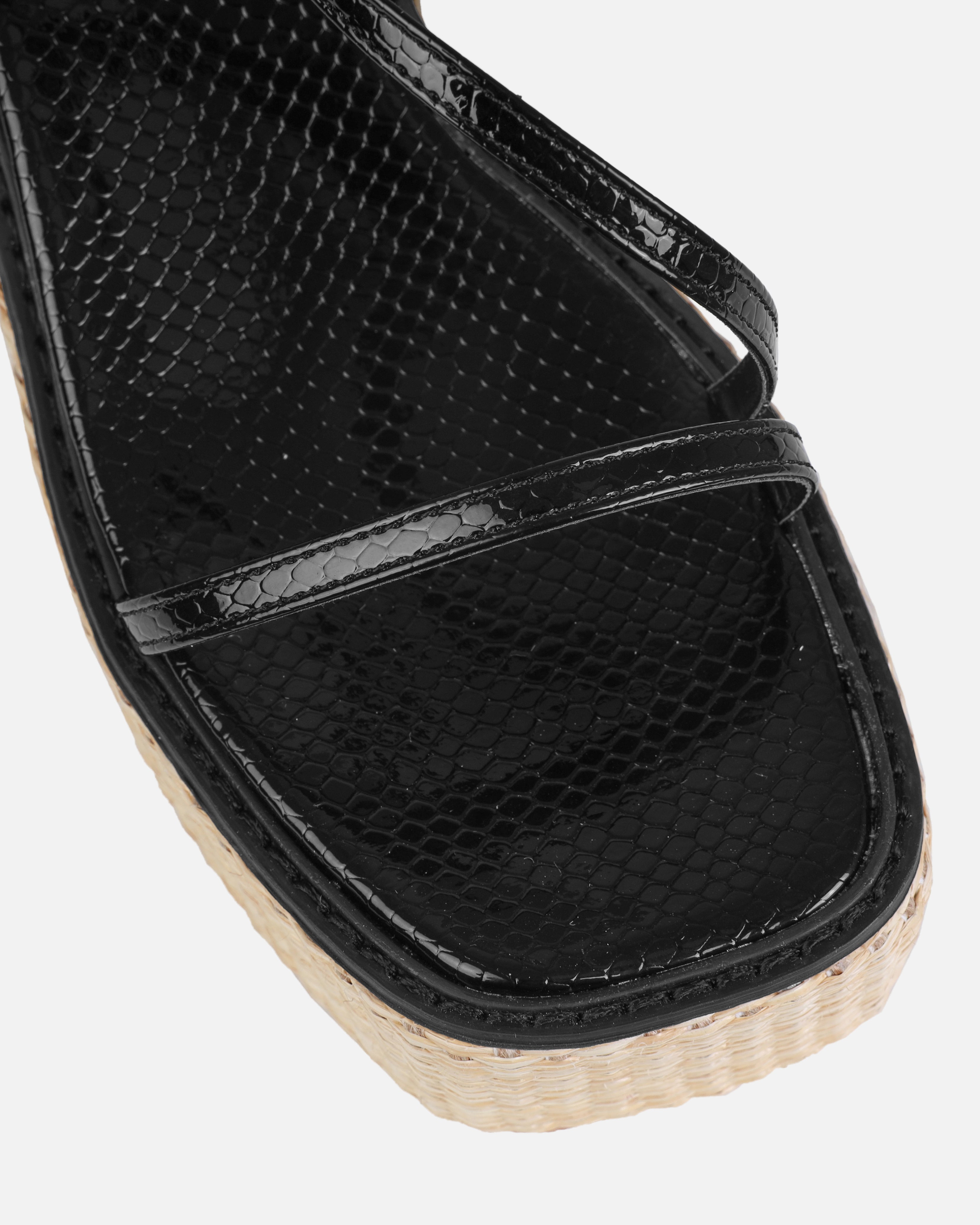 Kerensa Black Faux Snake Print Strappy Espadrille Wedges | SIMMI London