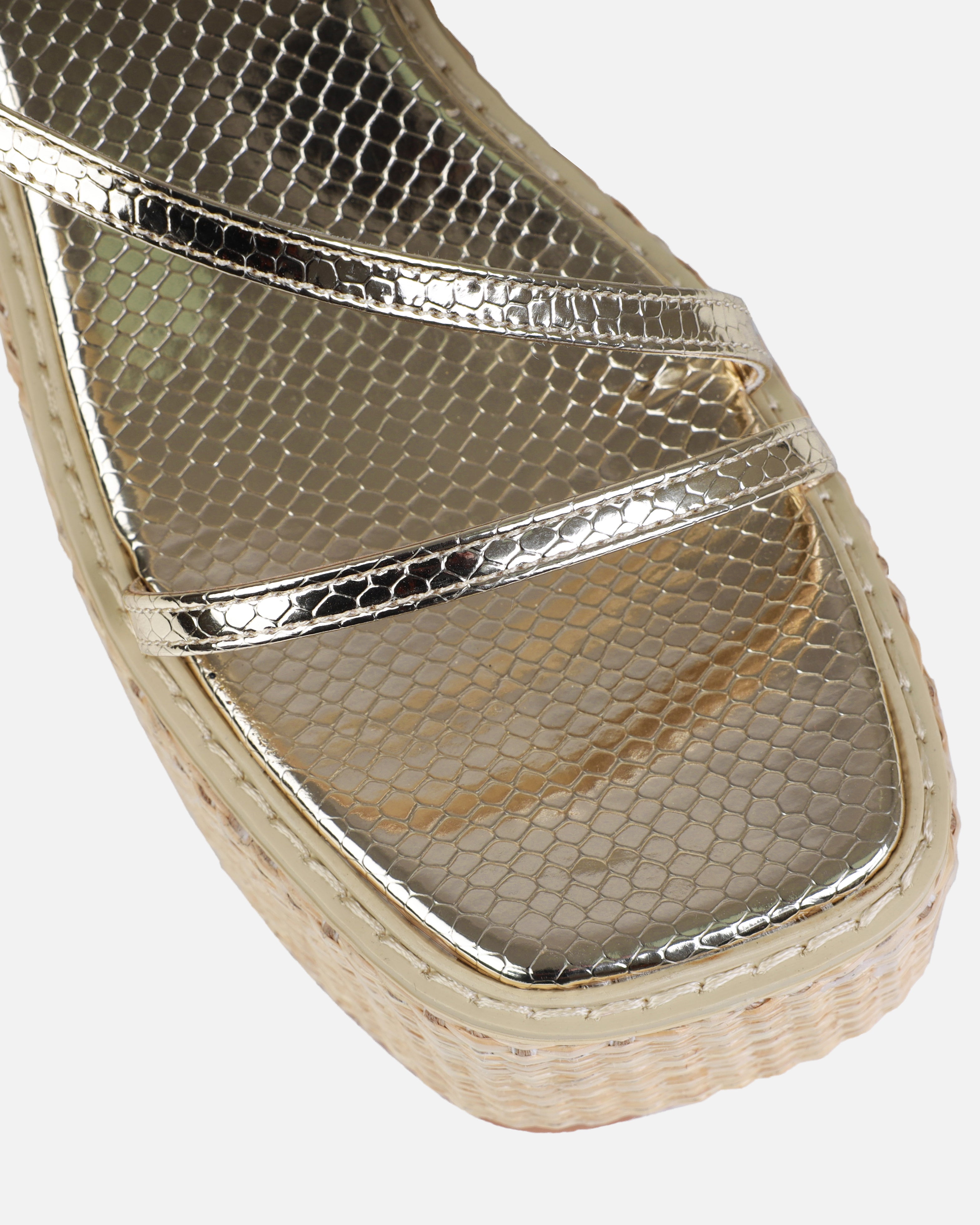 Kerensa Gold Faux Snake Print Strappy Espadrille Wedges | SIMMI London