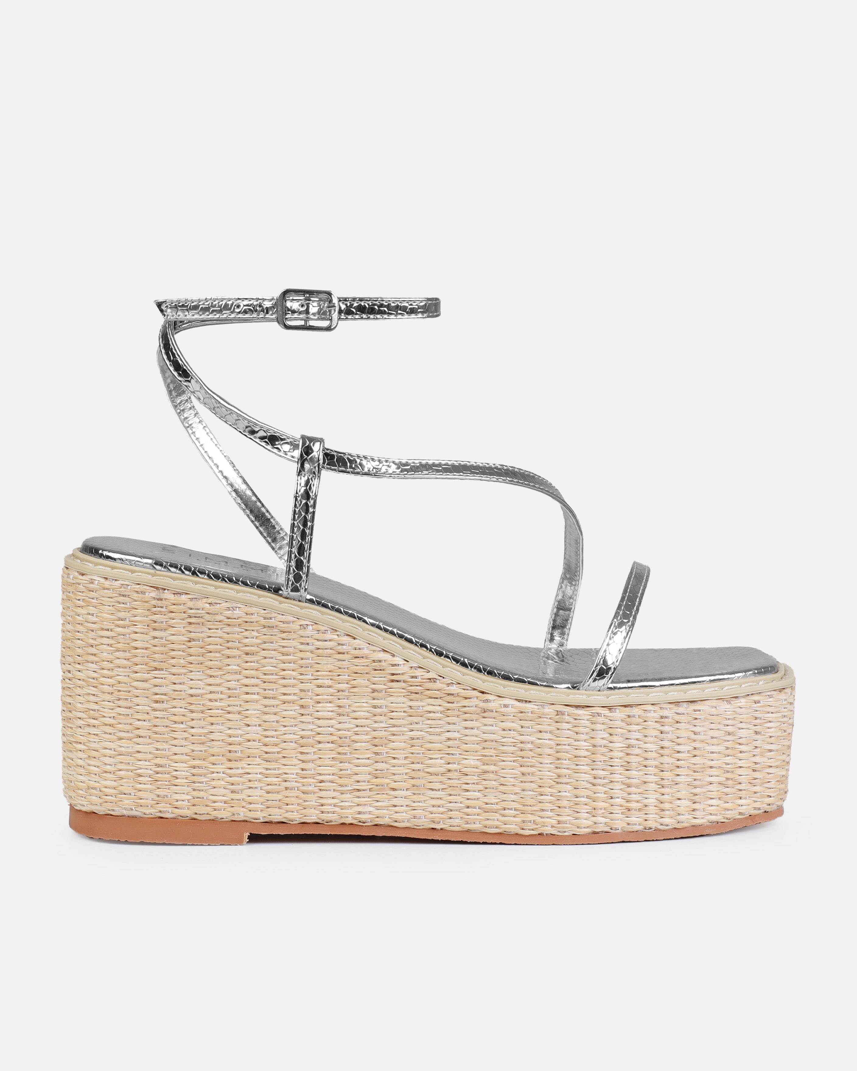 Kerensa Silver Faux Snake Print Strappy Espadrille Wedges | SIMMI London