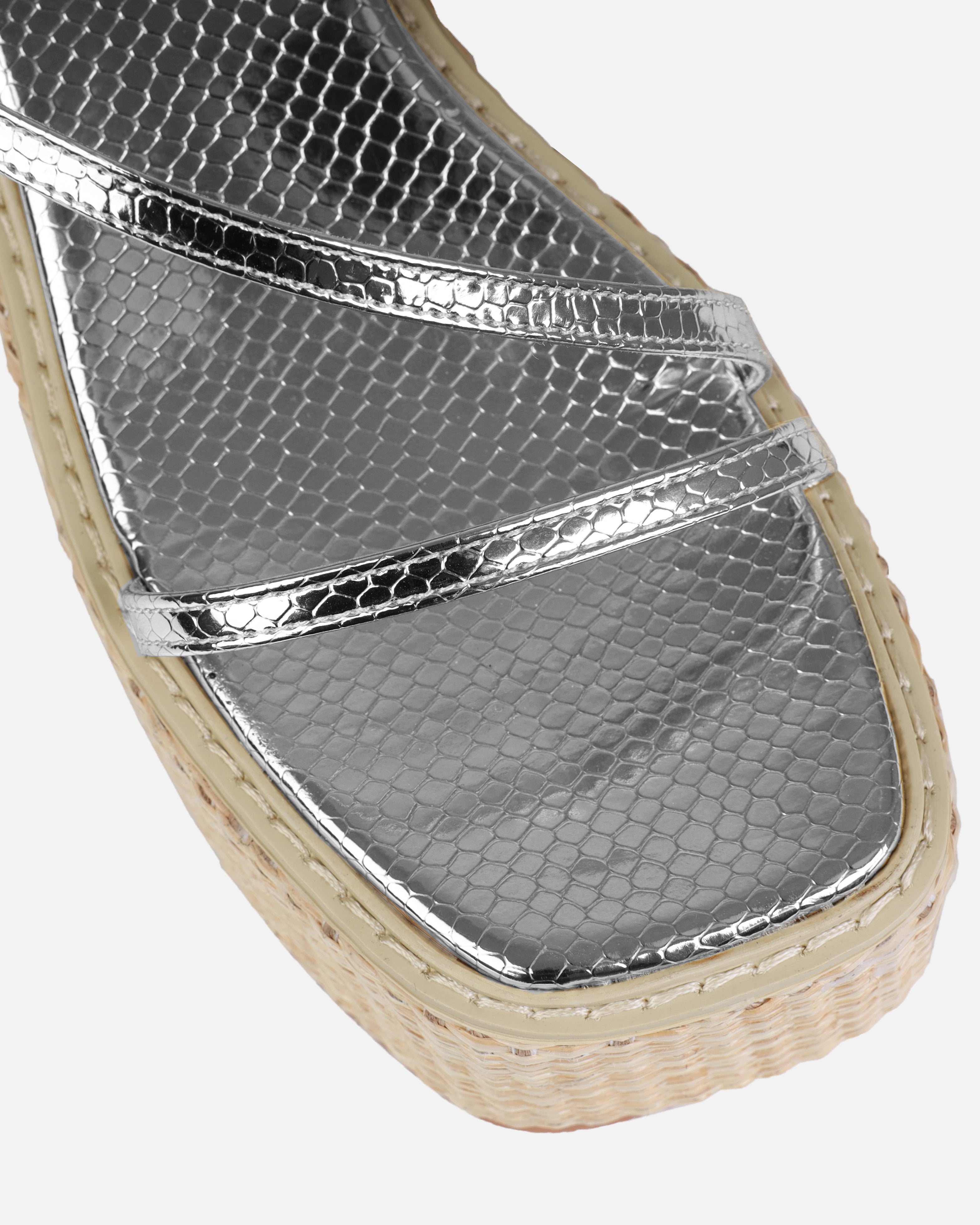 Kerensa Silver Faux Snake Print Strappy Espadrille Wedges | SIMMI London