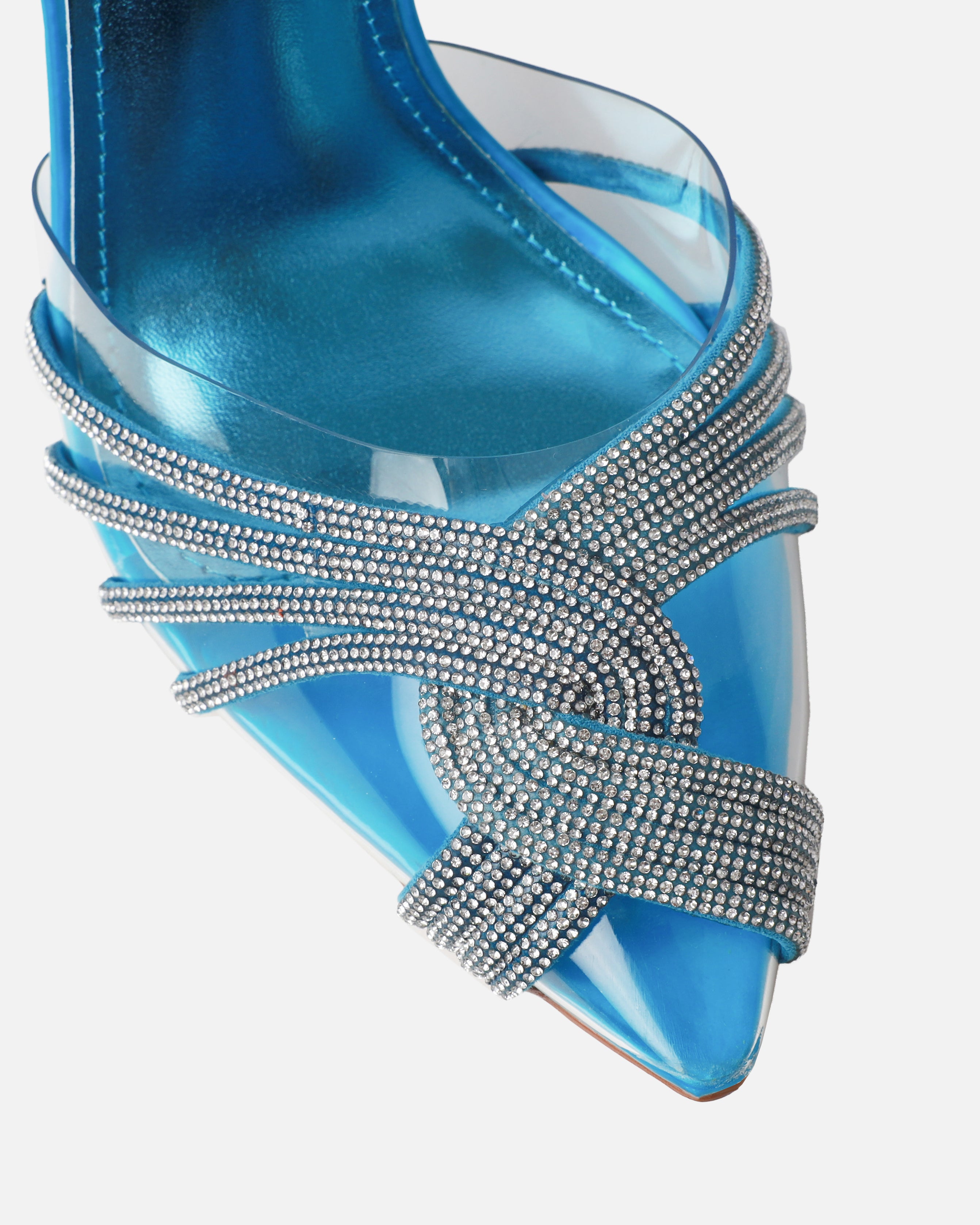 Jadey Blue Holographic Clear Diamante Stiletto Heels | SIMMI London