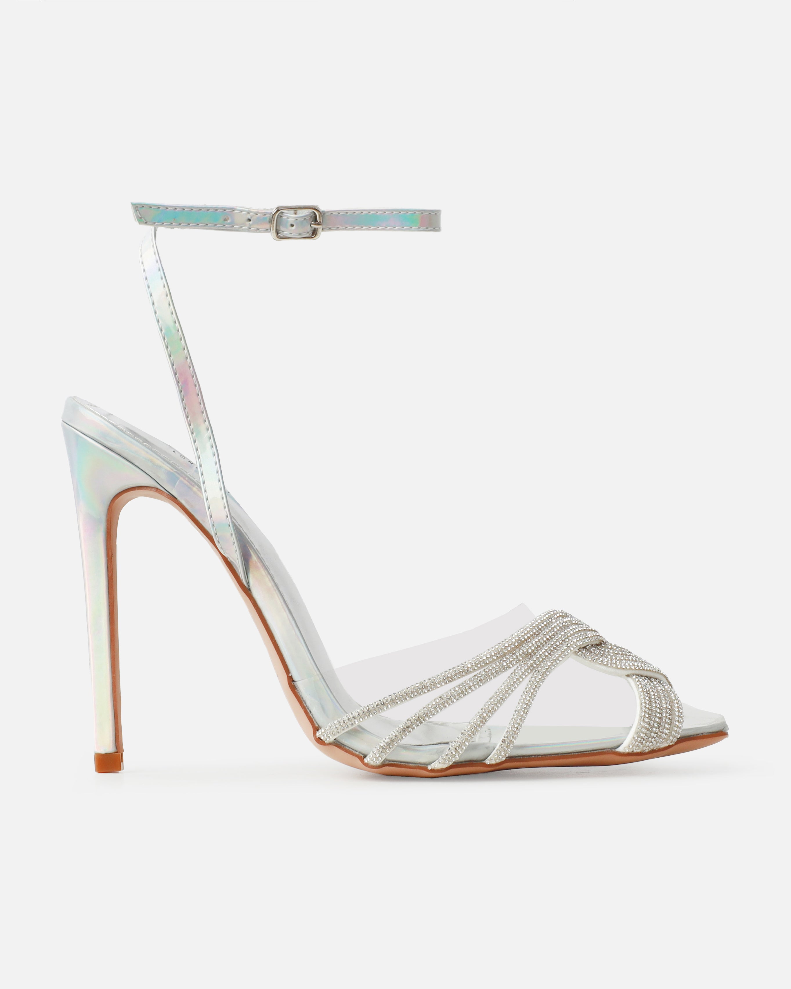 Jadey Silver Holographic Clear Diamante Stiletto Heels | SIMMI London