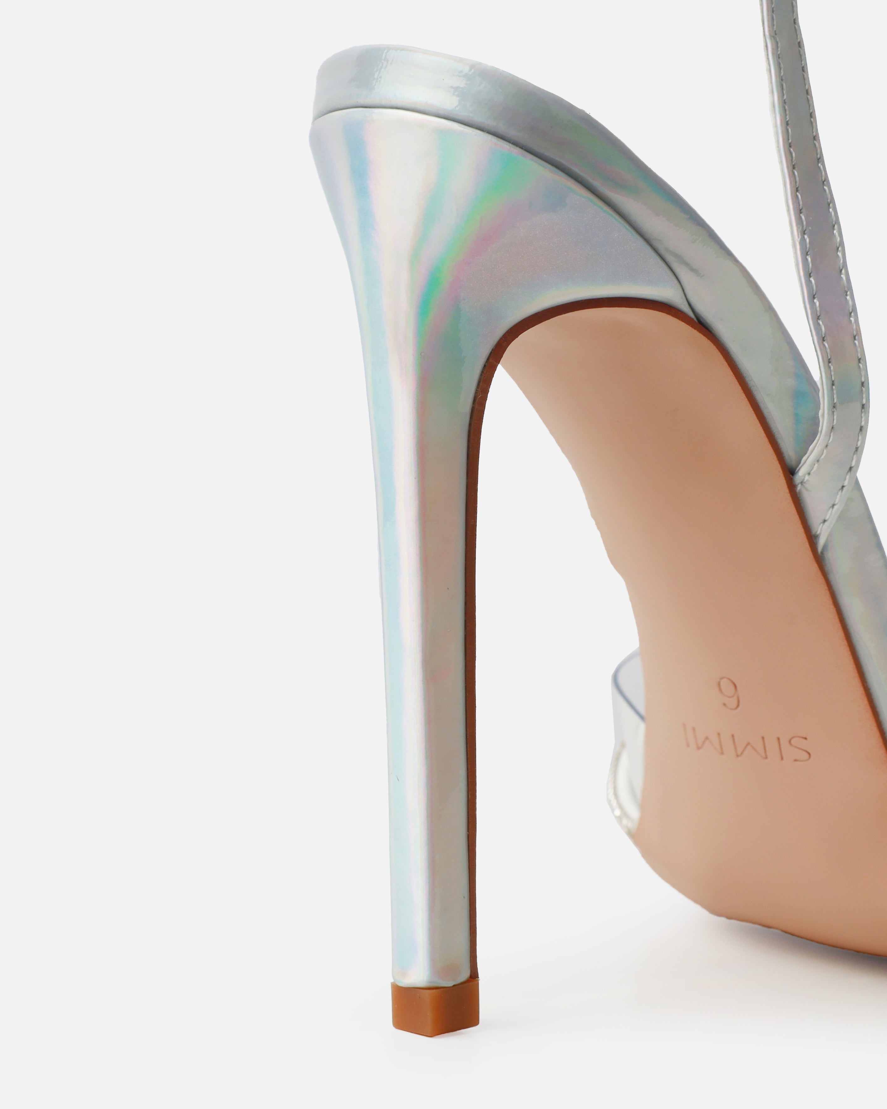 Jadey Silver Holographic Clear Diamante Stiletto Heels | SIMMI London