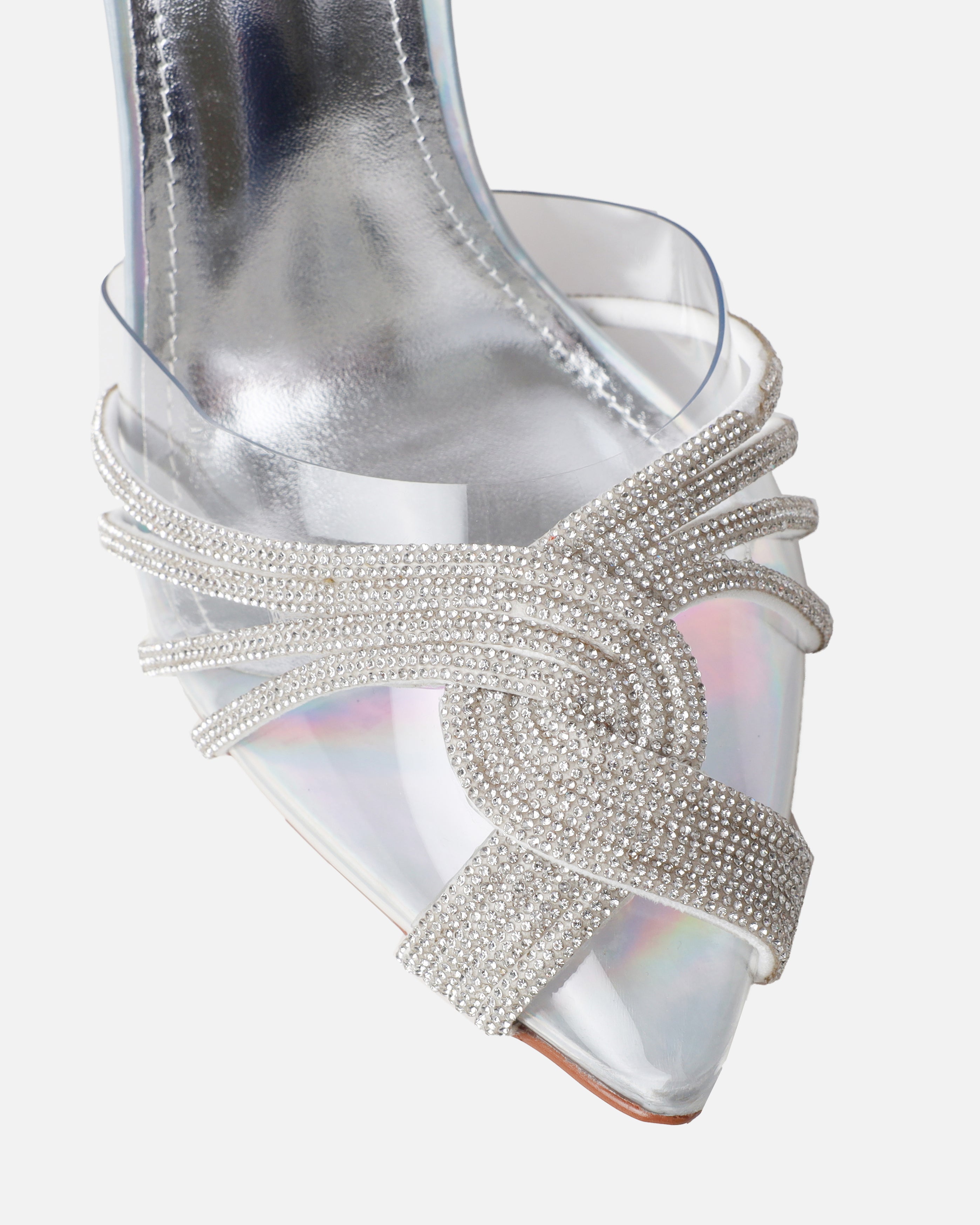Jadey Silver Holographic Clear Diamante Stiletto Heels | SIMMI London