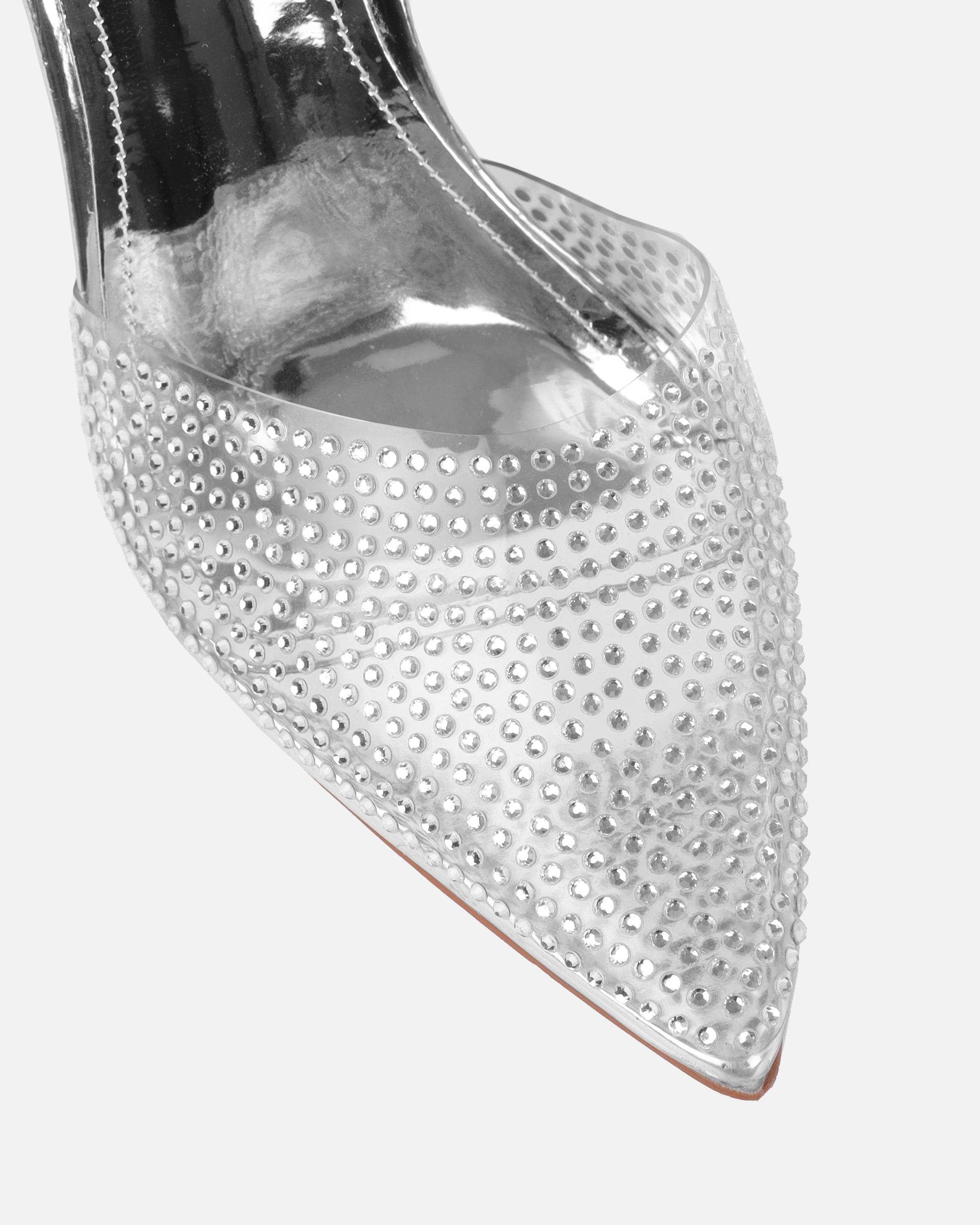 Mary Bedford Jessyca Silver Diamante Pointed Stiletto Mules | SIMMI London