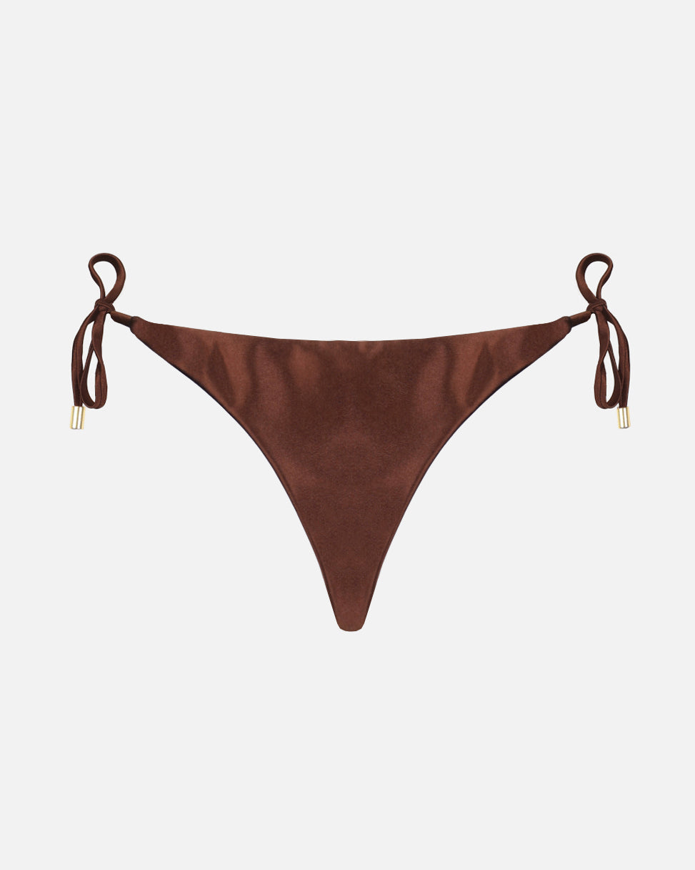 Alor Chocolate Satin Tie Waist Bikini Bottoms | SIMMI London