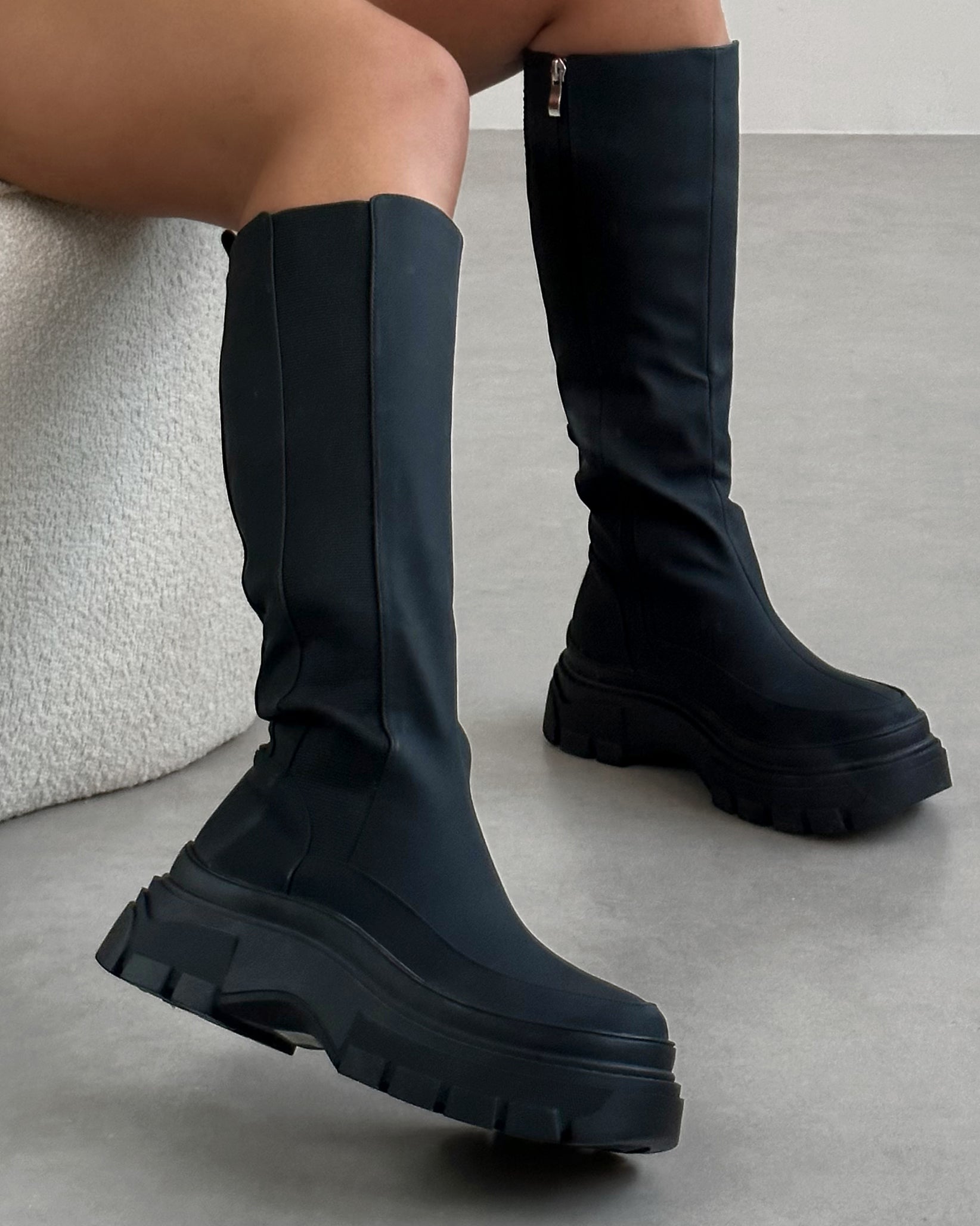 Kruse Black Rubberised Flat Chunky Knee High Boots | SIMMI London