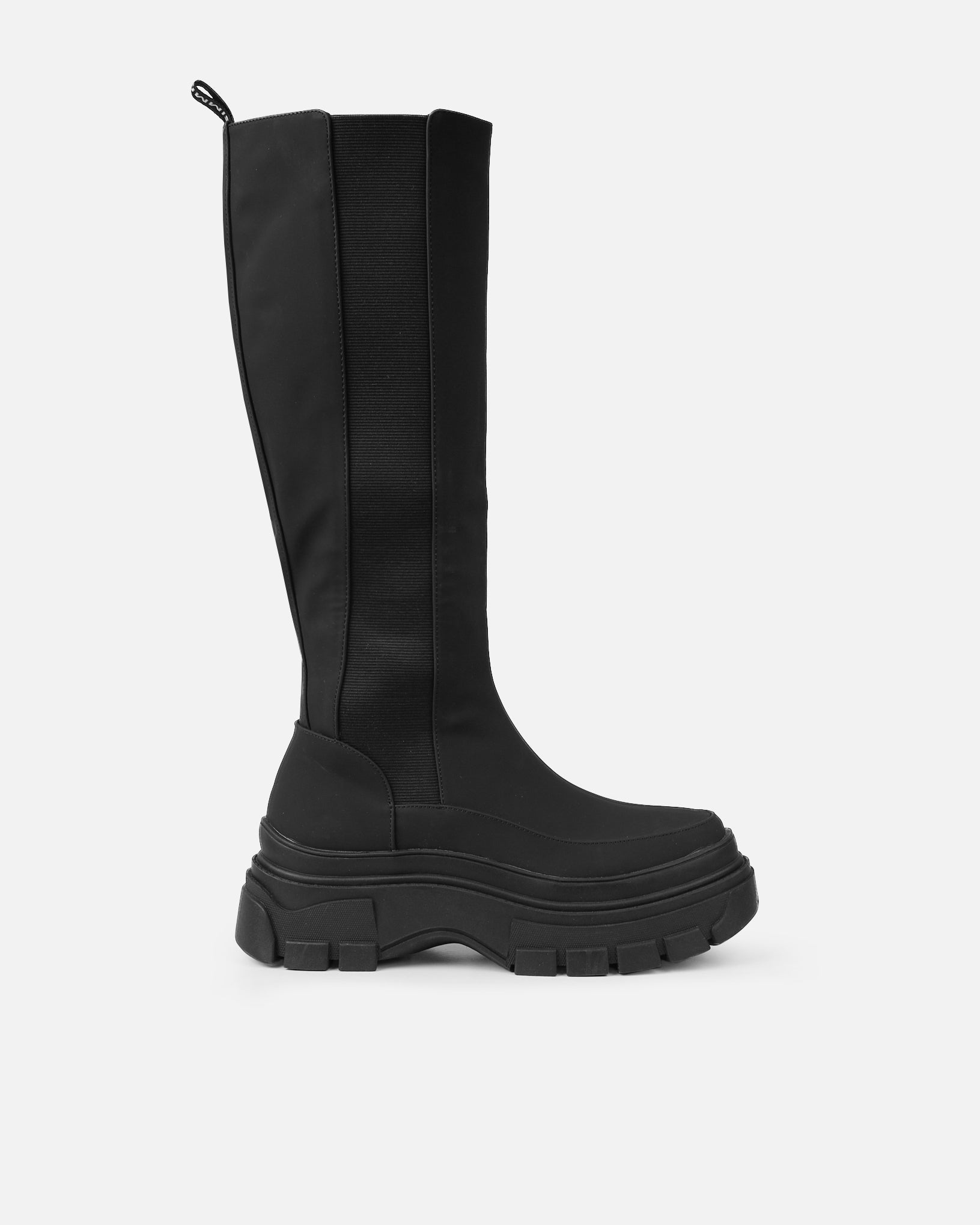 Kruse Black Rubberised Flat Chunky Knee High Boots | SIMMI London