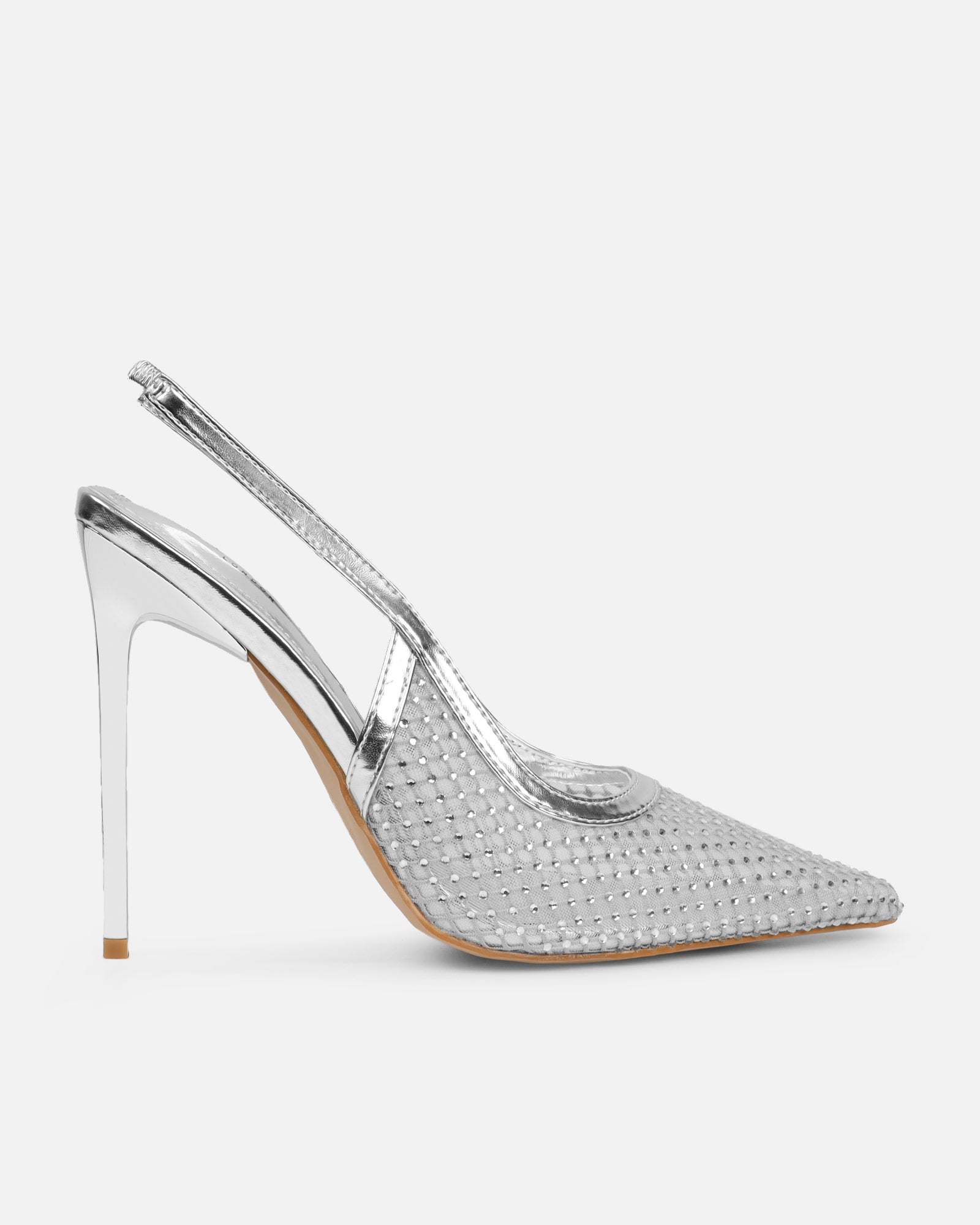 Lailla Silver Mesh Diamante Sling Back Court Shoes | SIMMI London