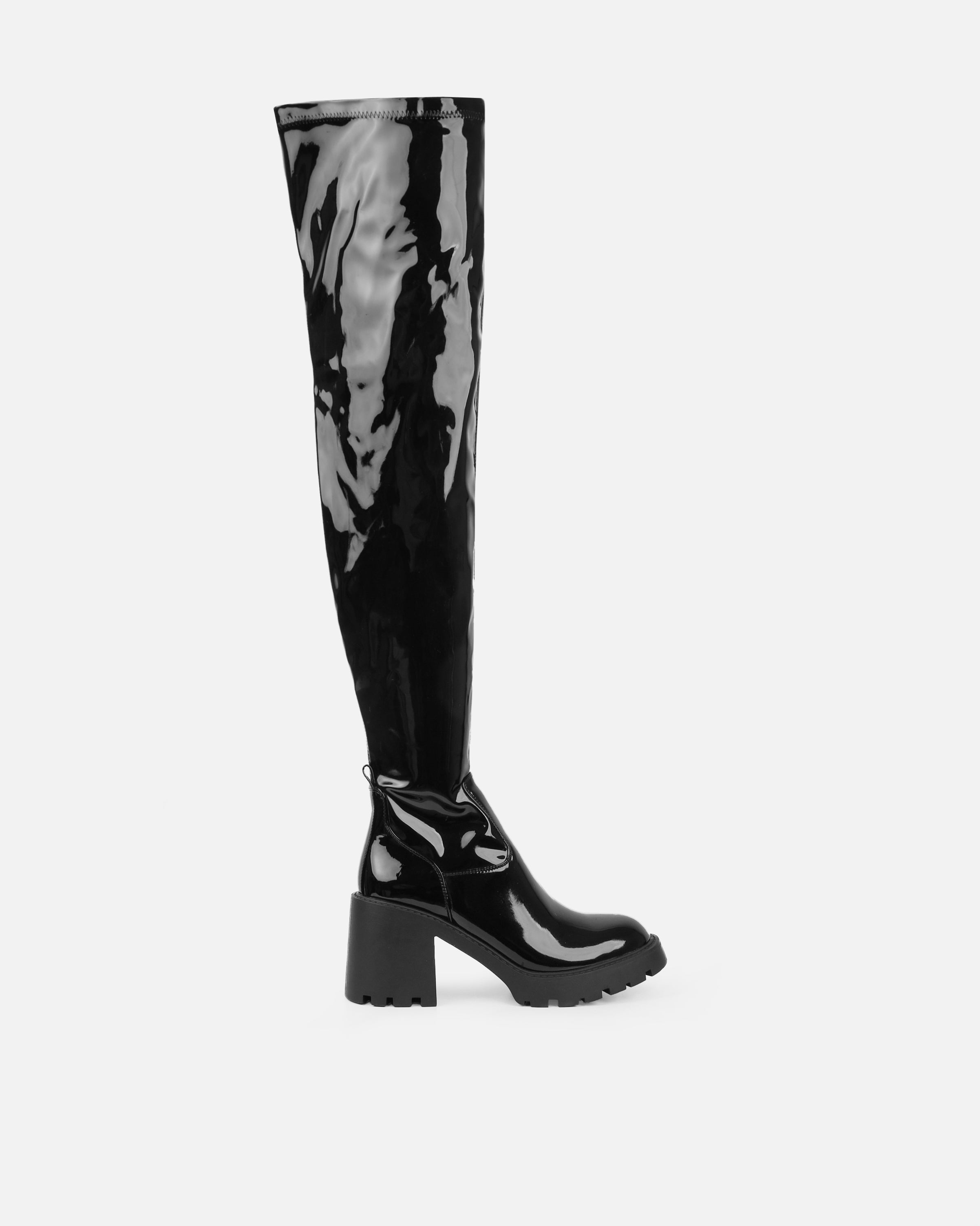 Lancelot Black Patent Mid Heeled Stretch Over The Knee Thigh High Boots | SIMMI London