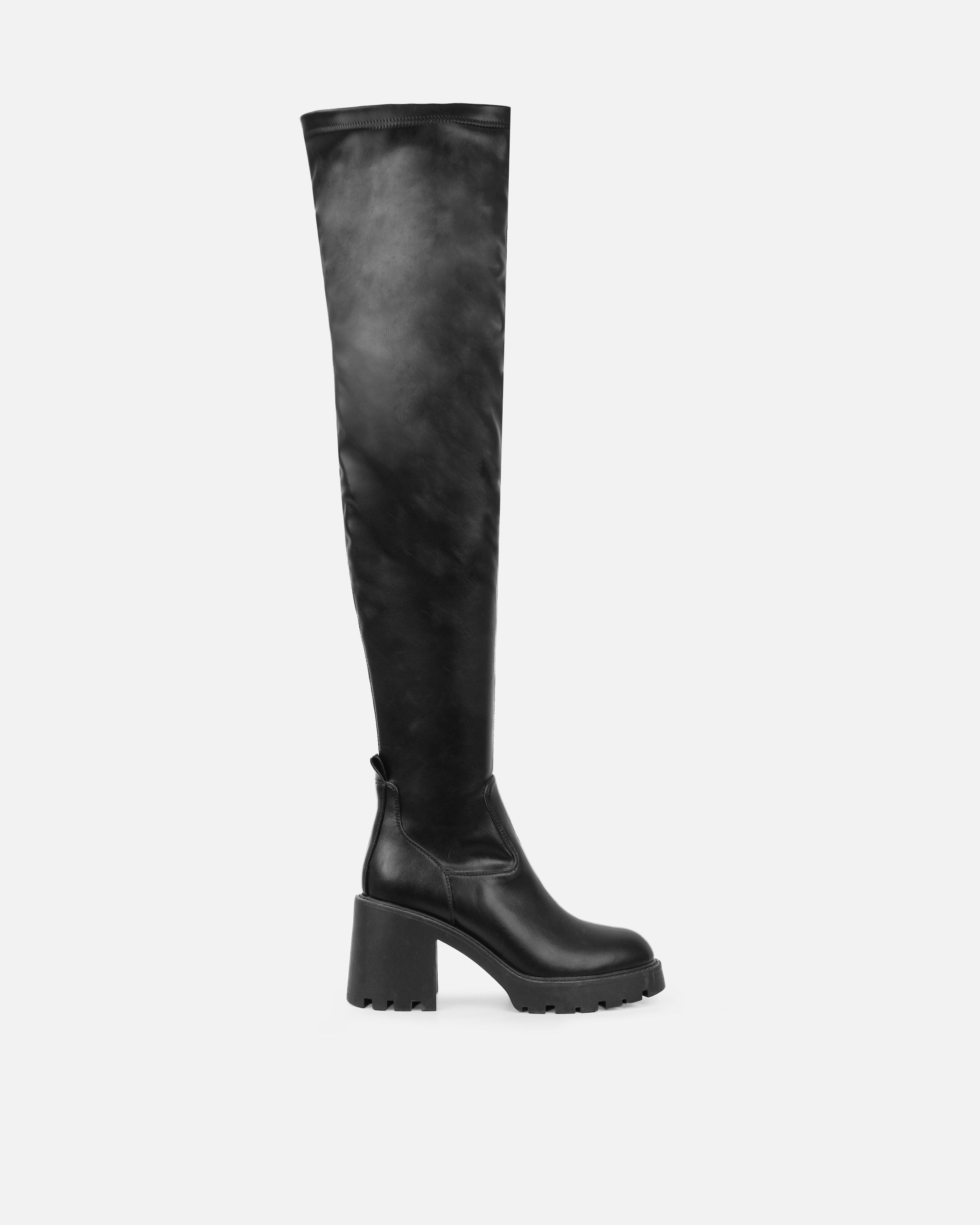 Lancelot Black Mid Heeled Stretch Over The Knee Thigh High Boots | SIMMI London