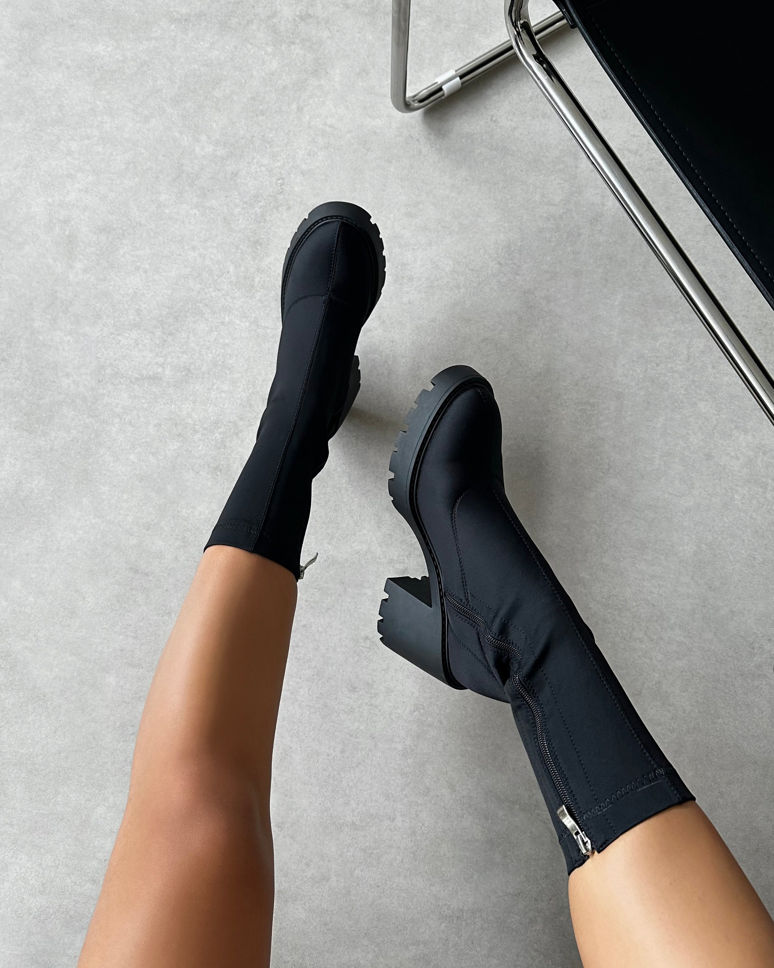 Felipe Black Lycra Block Heel Chunky Ankle Boots | SIMMI London