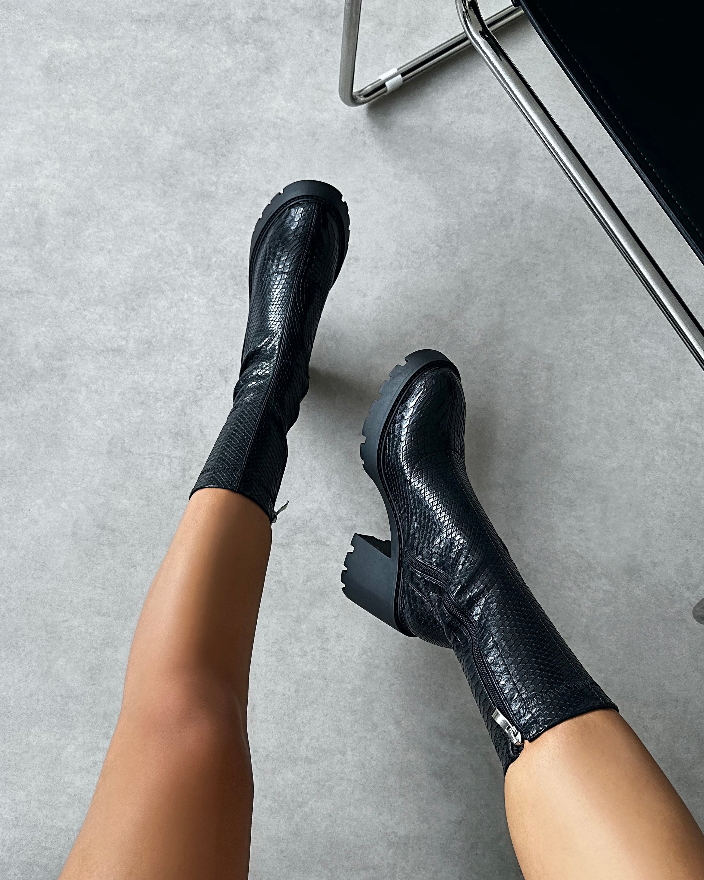 Felipe Black Faux Snake Block Heel Chunky Ankle Boots | SIMMI London