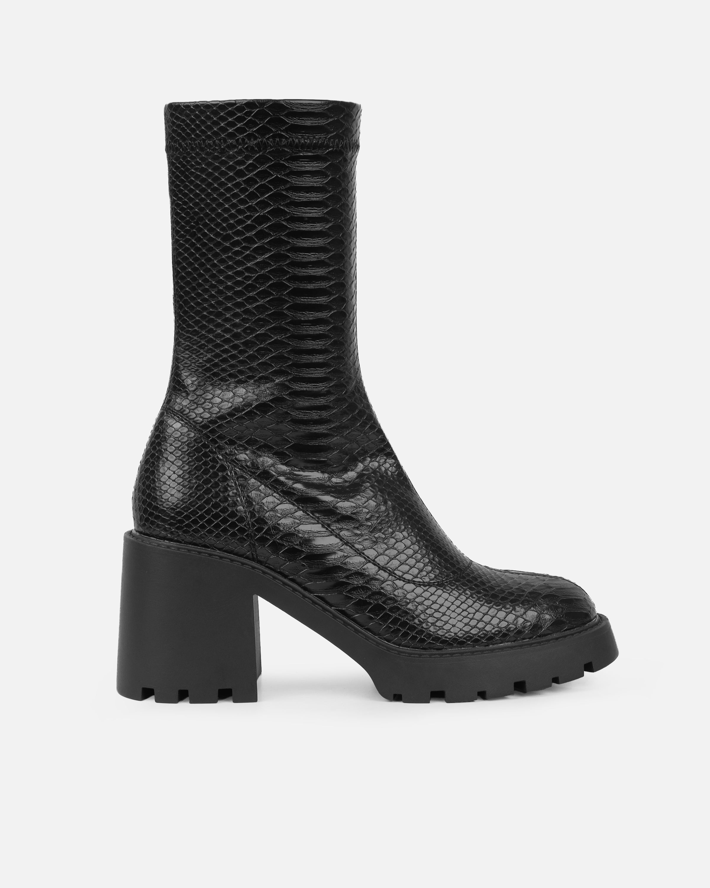 Felipe Black Faux Snake Block Heel Chunky Ankle Boots | SIMMI London