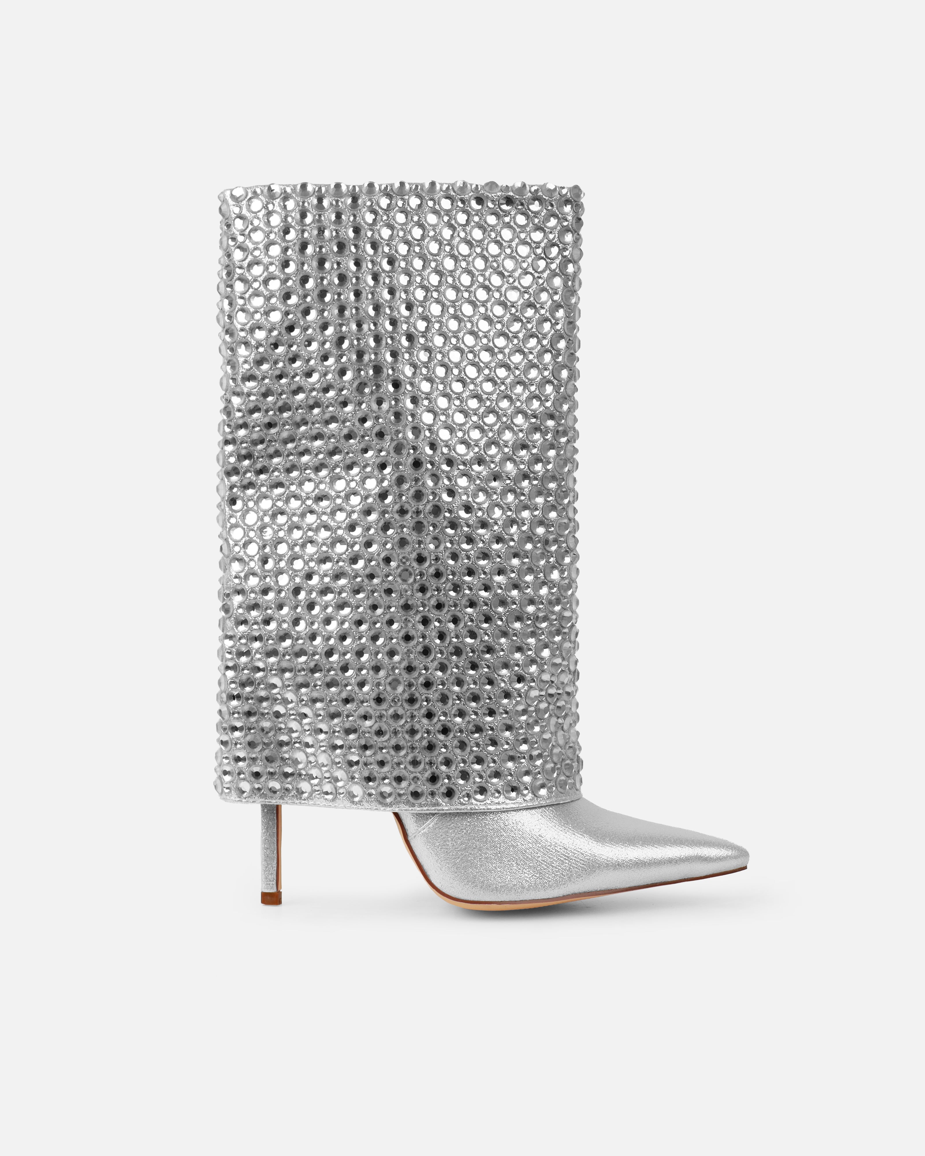 Law Silver Shimmer Diamante Fold Over Boots | SIMMI London