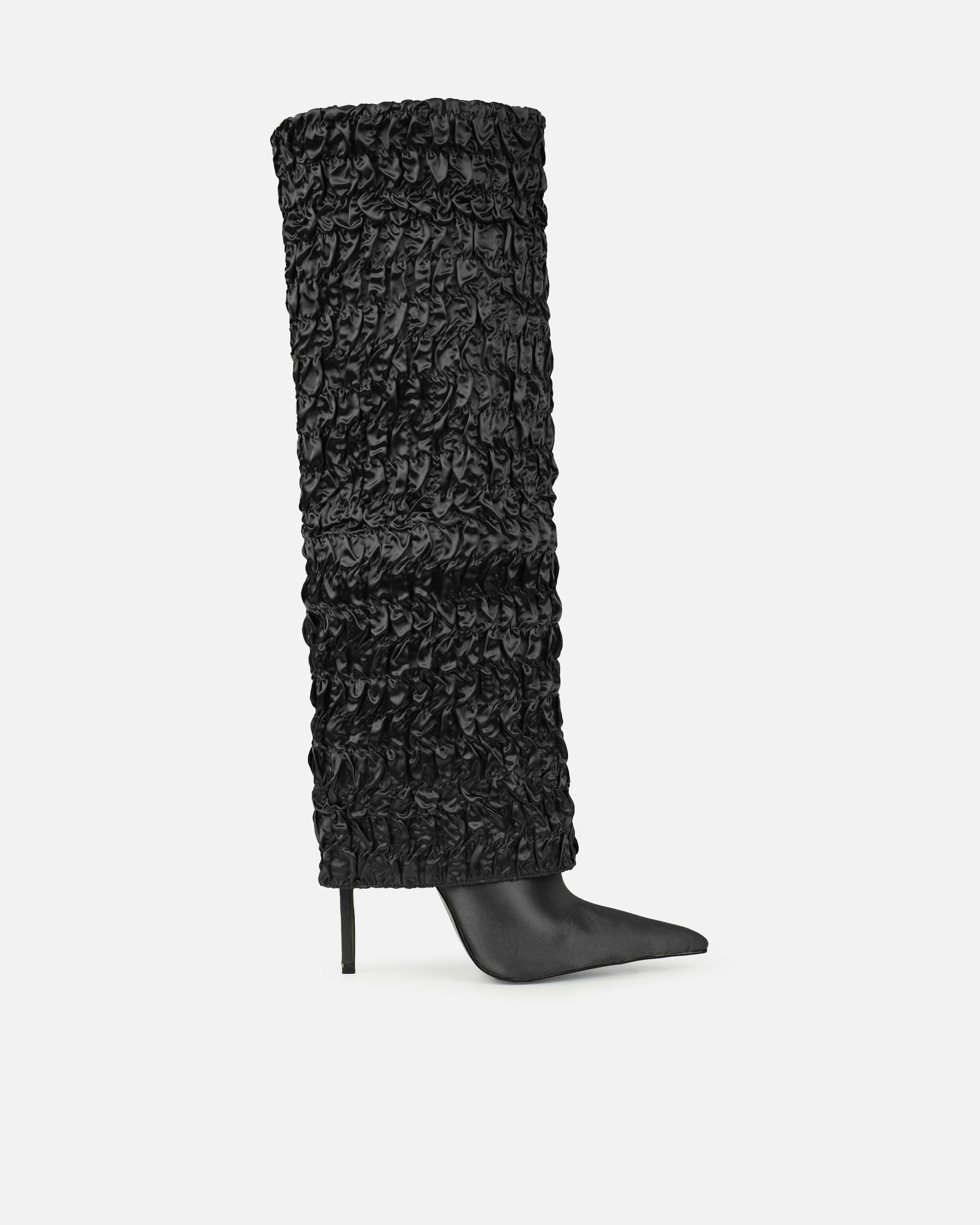 Harrie Black Satin Ruched Stiletto Knee High Boots | SIMMI London