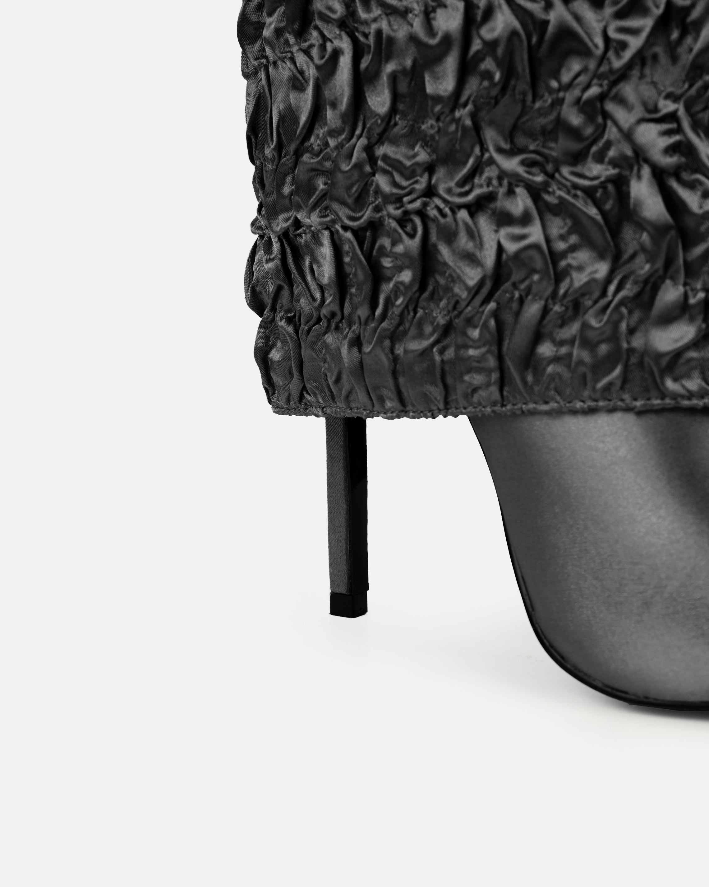 Harrie Black Satin Ruched Stiletto Knee High Boots | SIMMI London