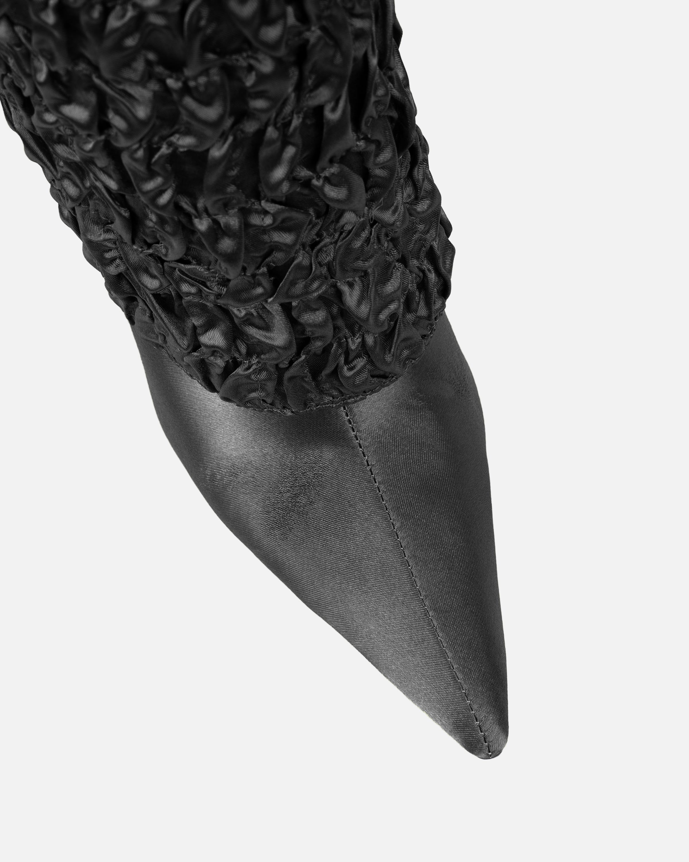 Harrie Black Satin Ruched Stiletto Knee High Boots | SIMMI London