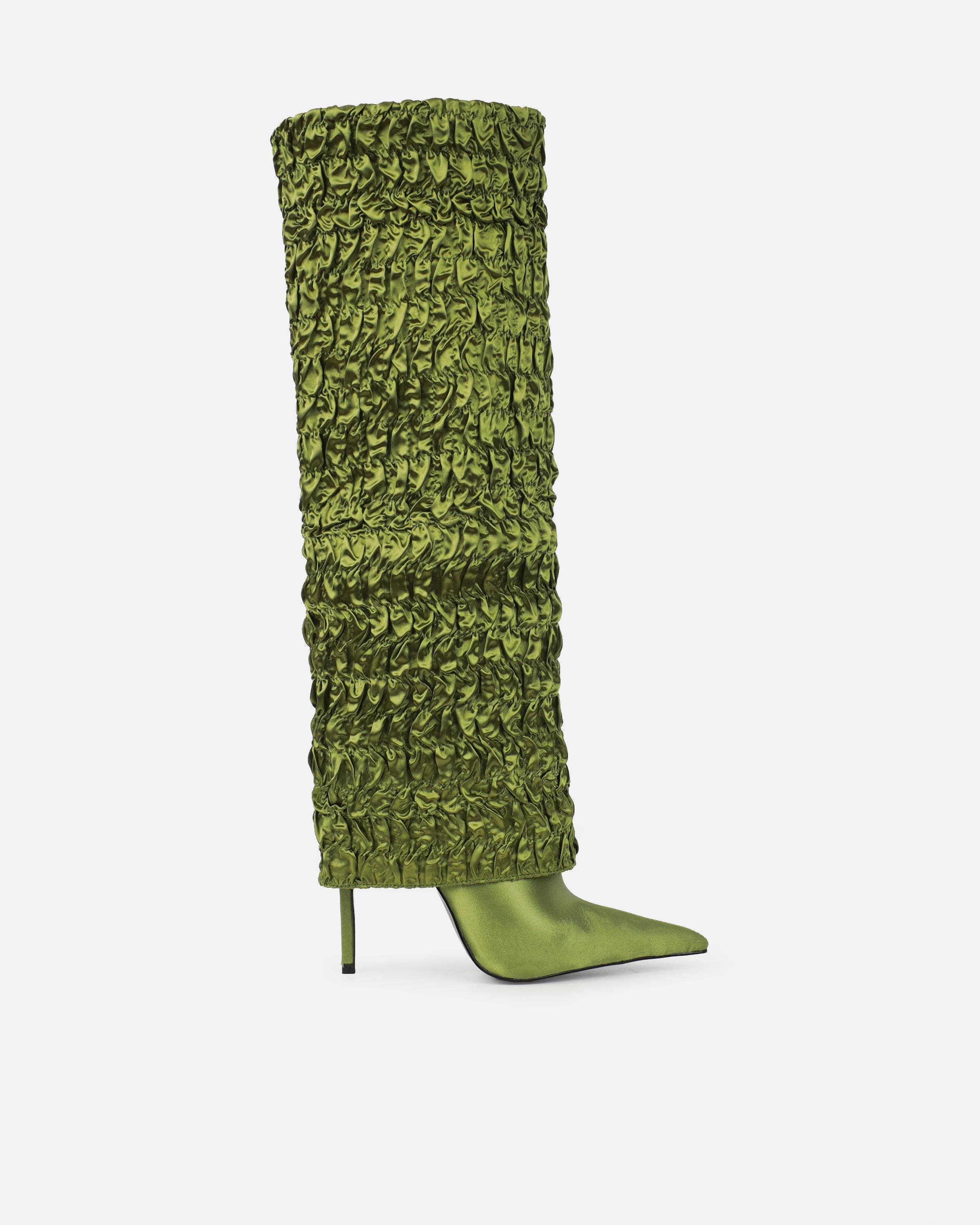 Harrie Olive Green Satin Ruched Stiletto Knee High Boots | SIMMI London