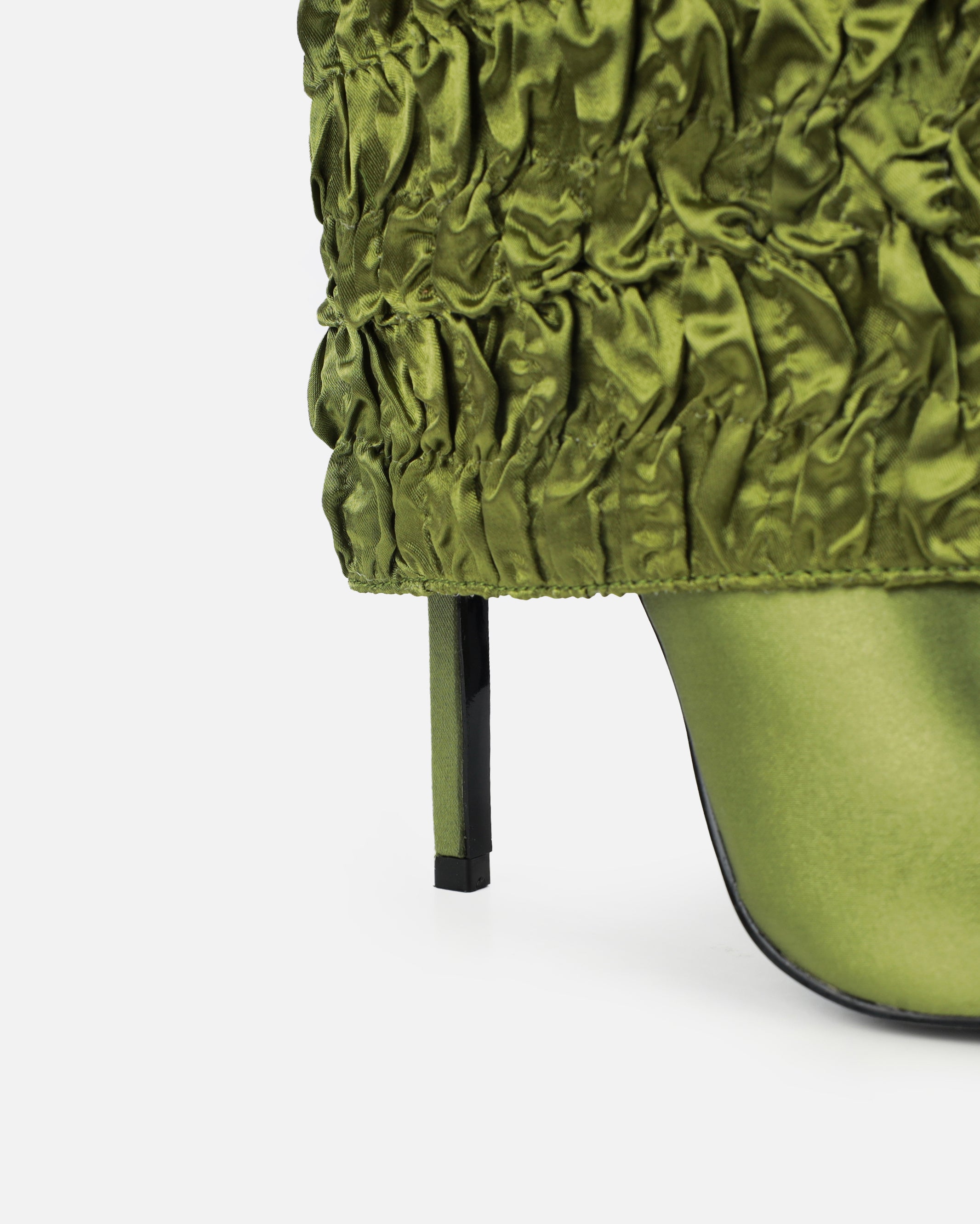 Harrie Olive Green Satin Ruched Stiletto Knee High Boots | SIMMI London