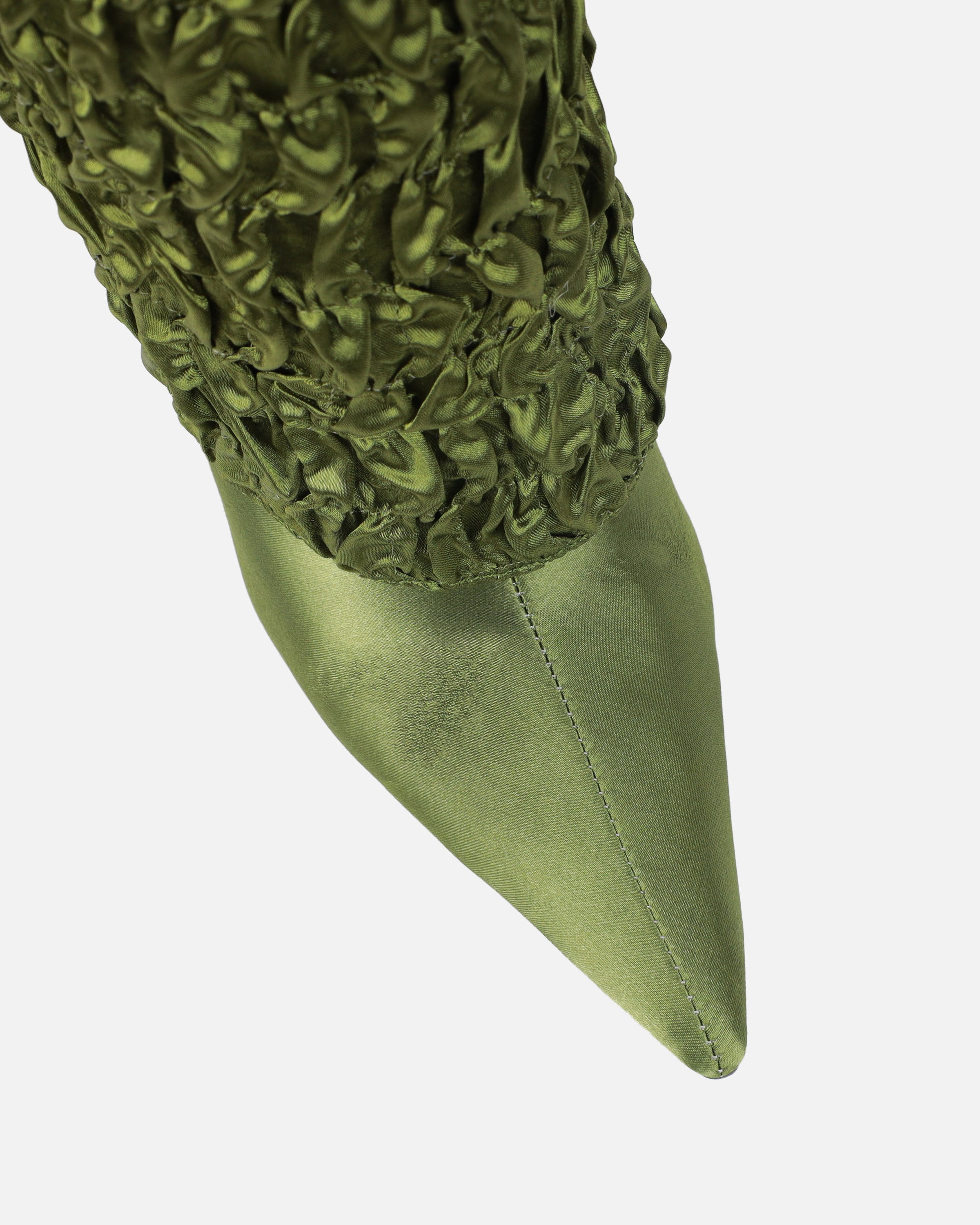 Harrie Olive Green Satin Ruched Stiletto Knee High Boots | SIMMI London