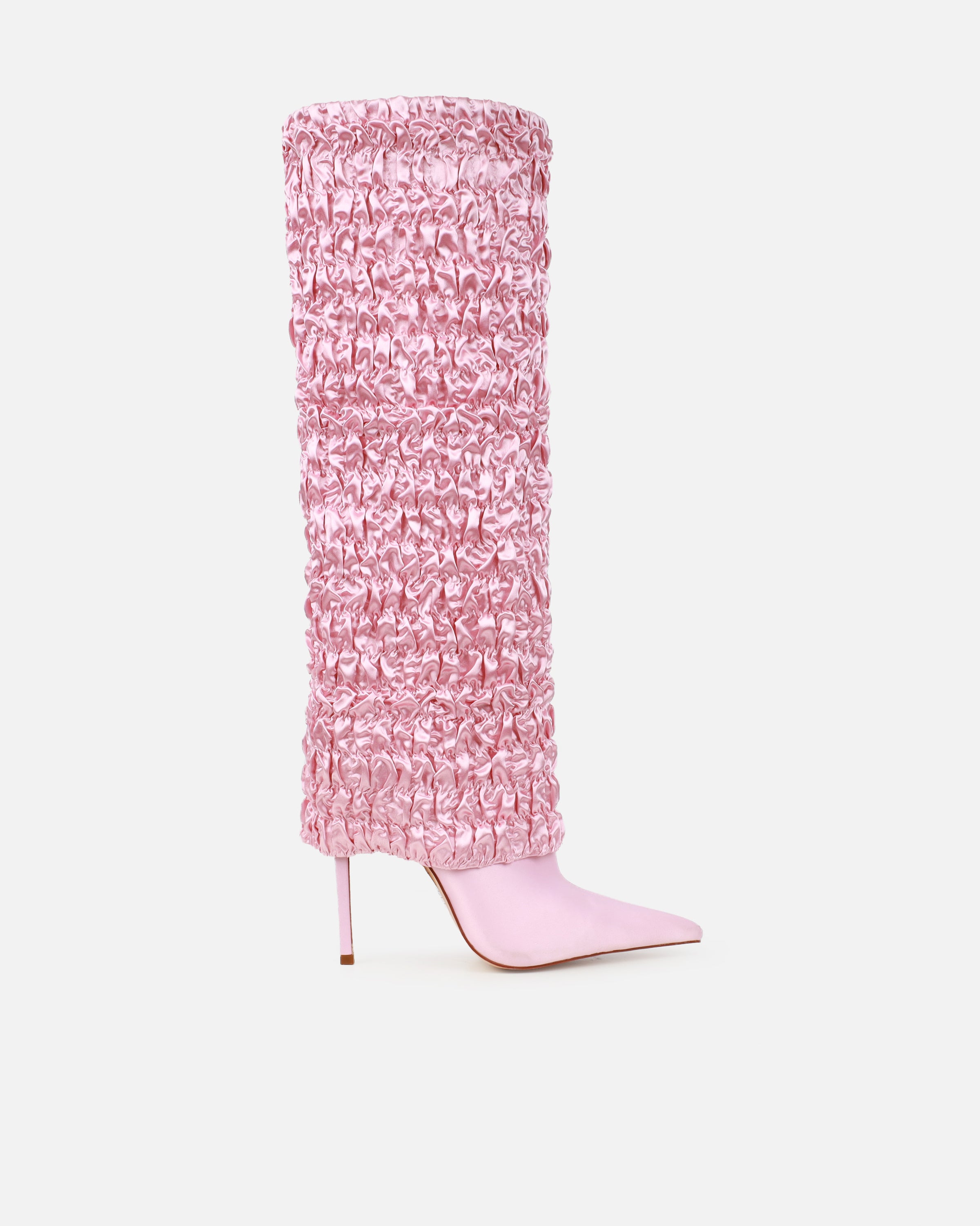 Harrie Pink Satin Ruched Stiletto Knee High Boots | SIMMI London