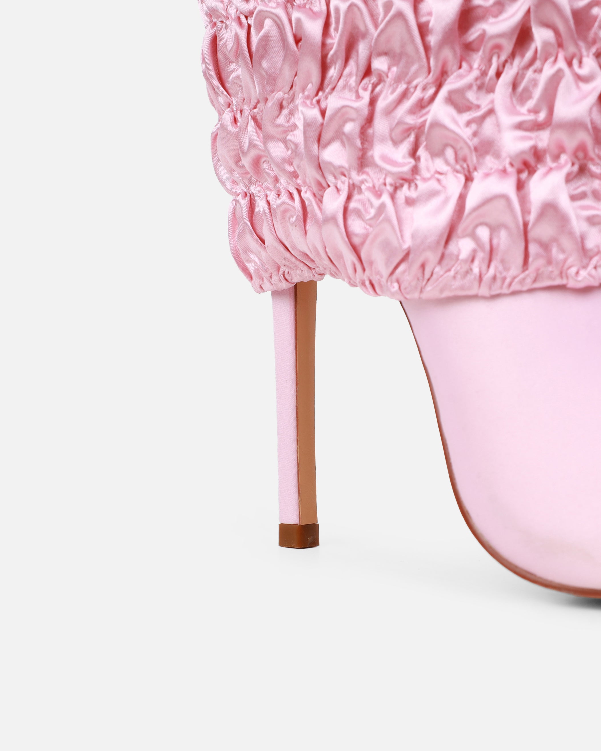 Harrie Pink Satin Ruched Stiletto Knee High Boots | SIMMI London