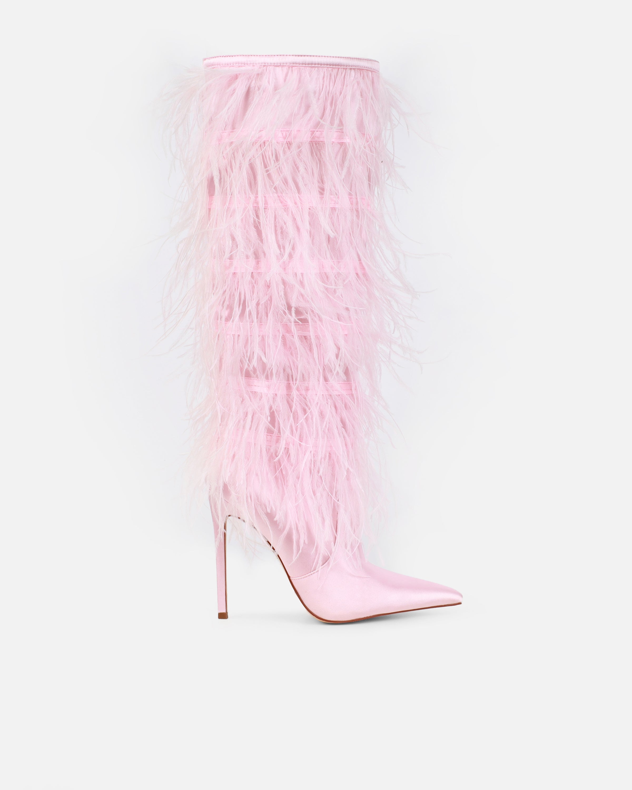 Marcos Pink Satin Fluffy Stiletto Knee High Boots | SIMMI London