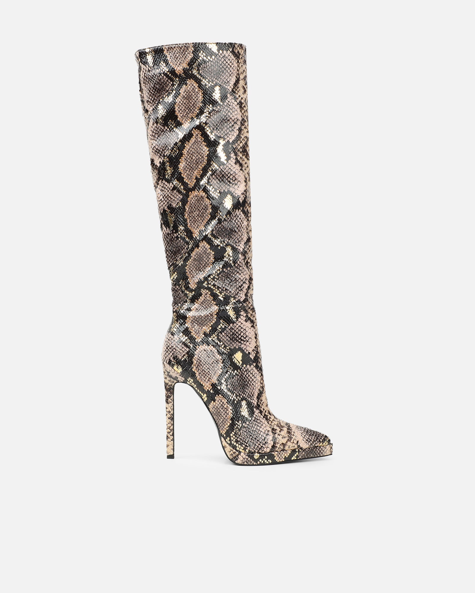 Bentoni Beige Snake Effect Knee Boots | SIMMI London