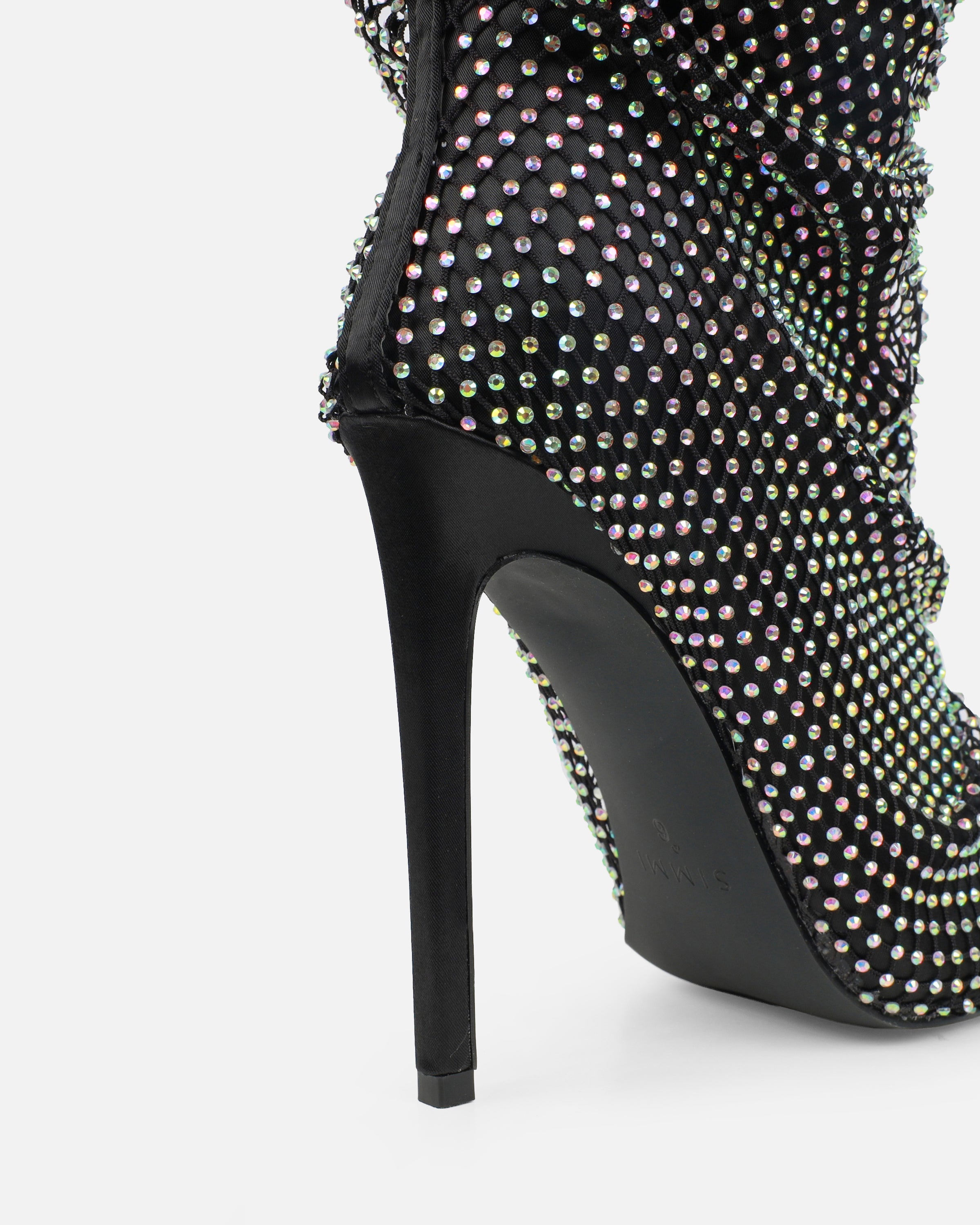 Murphy Black Satin Diamante Fishnet Knee High Boots | SIMMI London