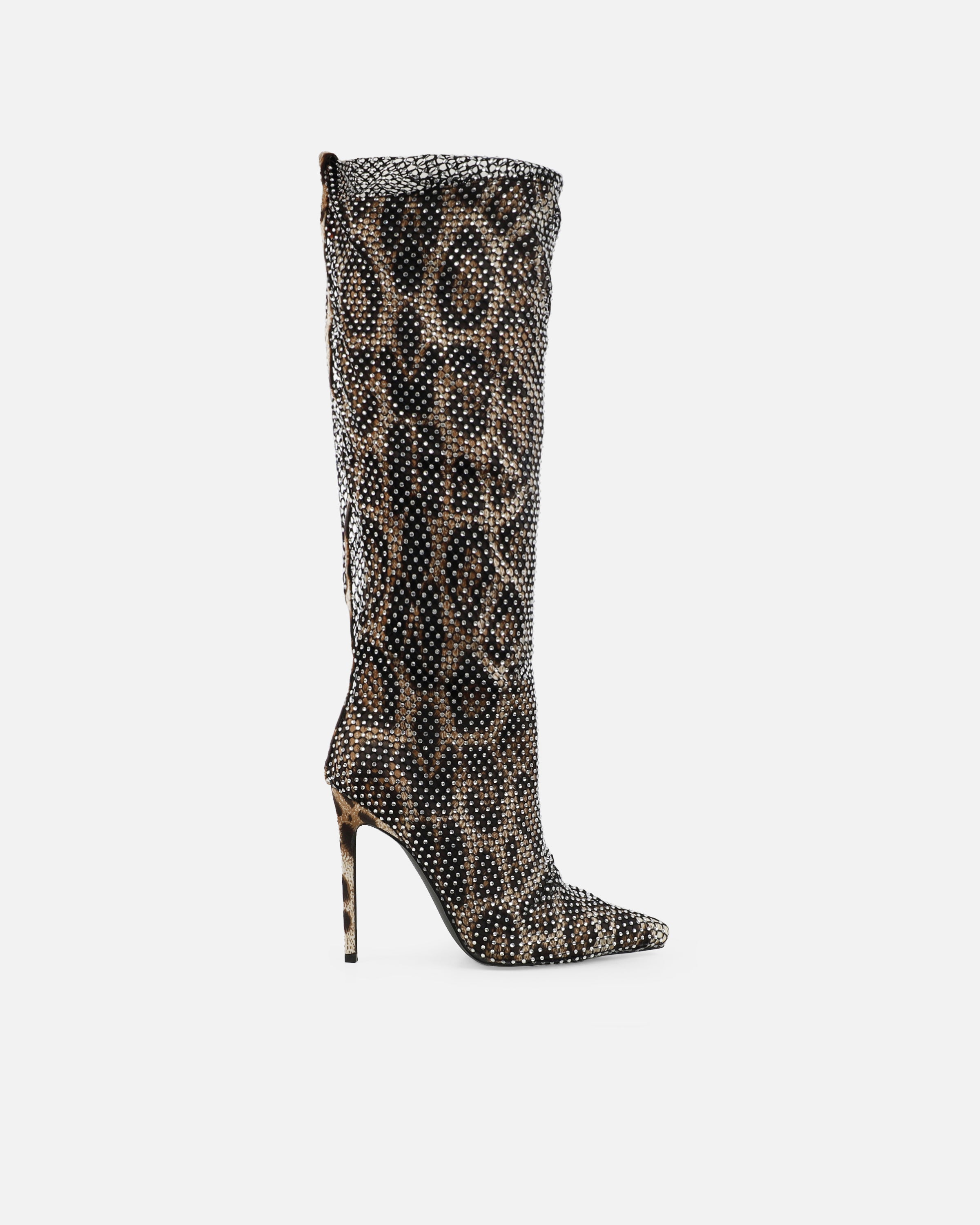 Murphy Faux Leopard Print Satin Diamante Fishnet Knee High Boots | SIMMI London