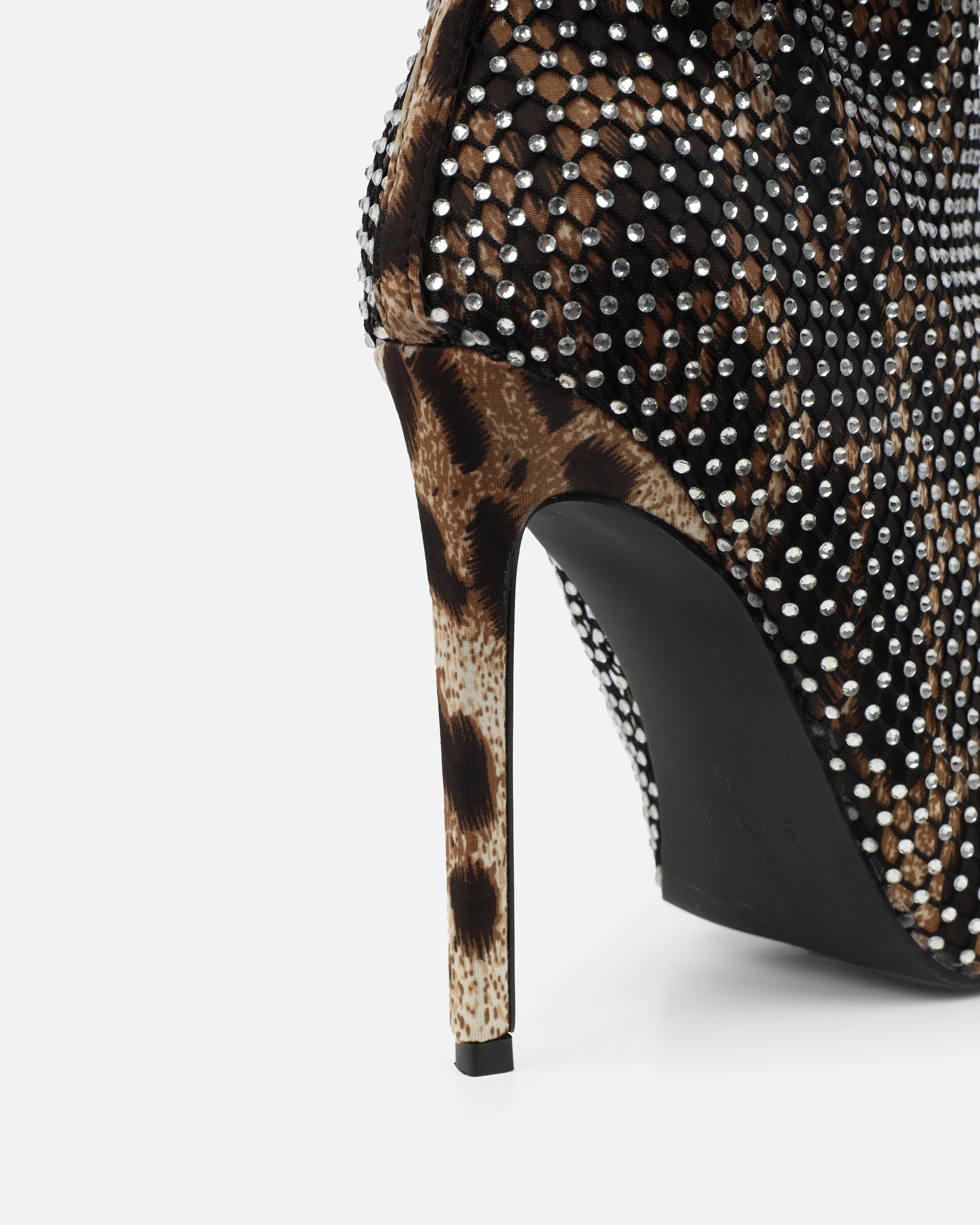 Murphy Faux Leopard Print Satin Diamante Fishnet Knee High Boots | SIMMI London