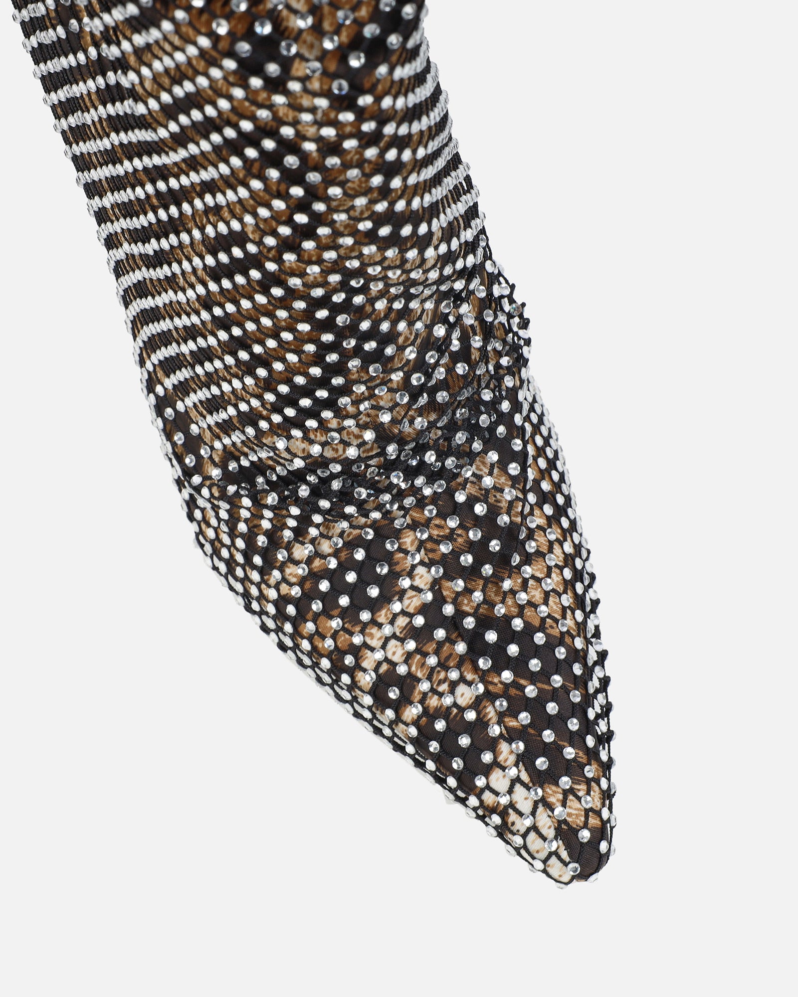 Murphy Faux Leopard Print Satin Diamante Fishnet Knee High Boots | SIMMI London