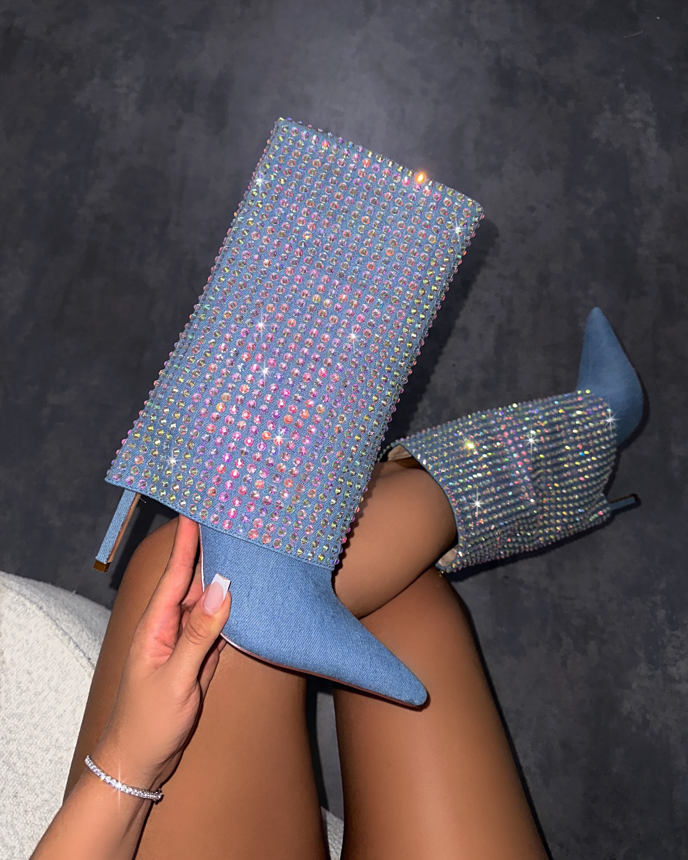 Lawler Blue Denim Diamante Fold Over Boots | SIMMI London