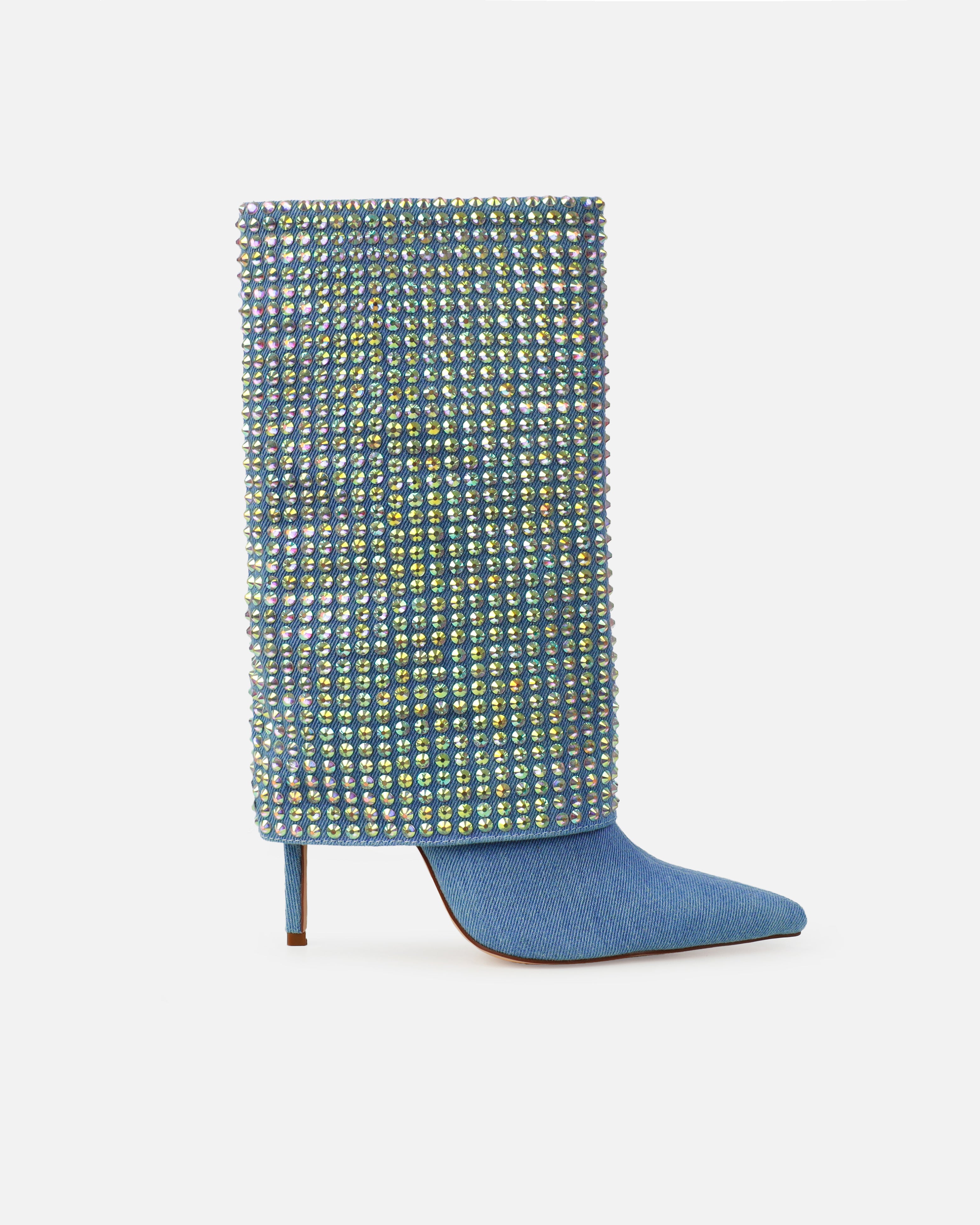 Lawler Blue Denim Diamante Fold Over Boots | SIMMI London