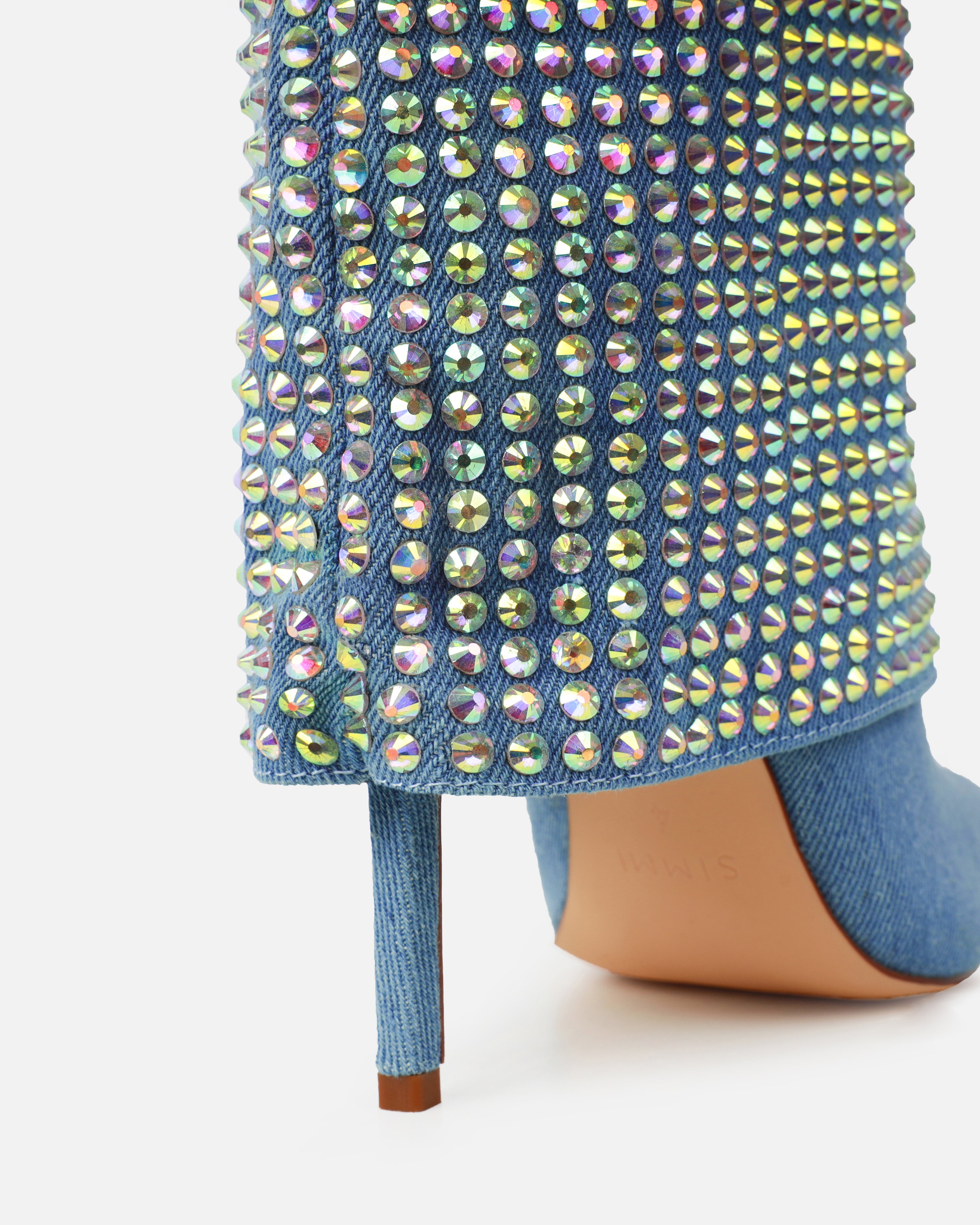 Lawler Blue Denim Diamante Fold Over Boots | SIMMI London