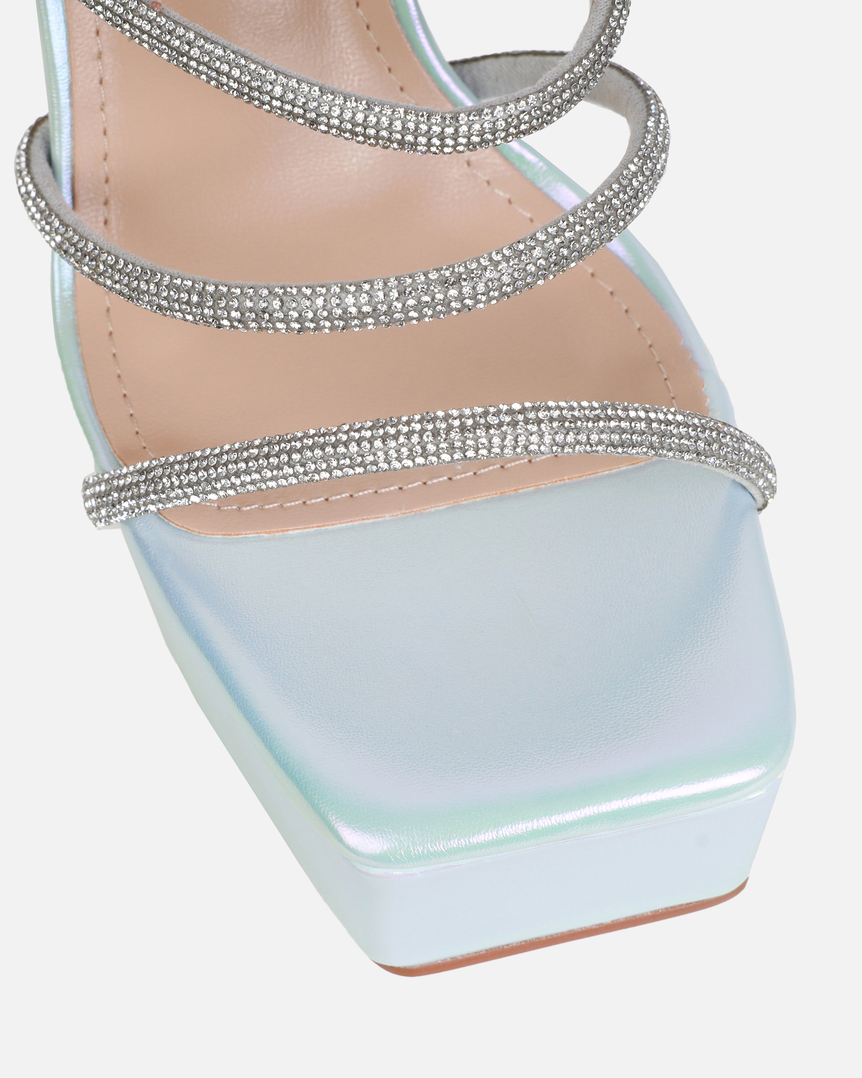 Laylani Blue Pearlised Diamante Platform Mules | SIMMI London