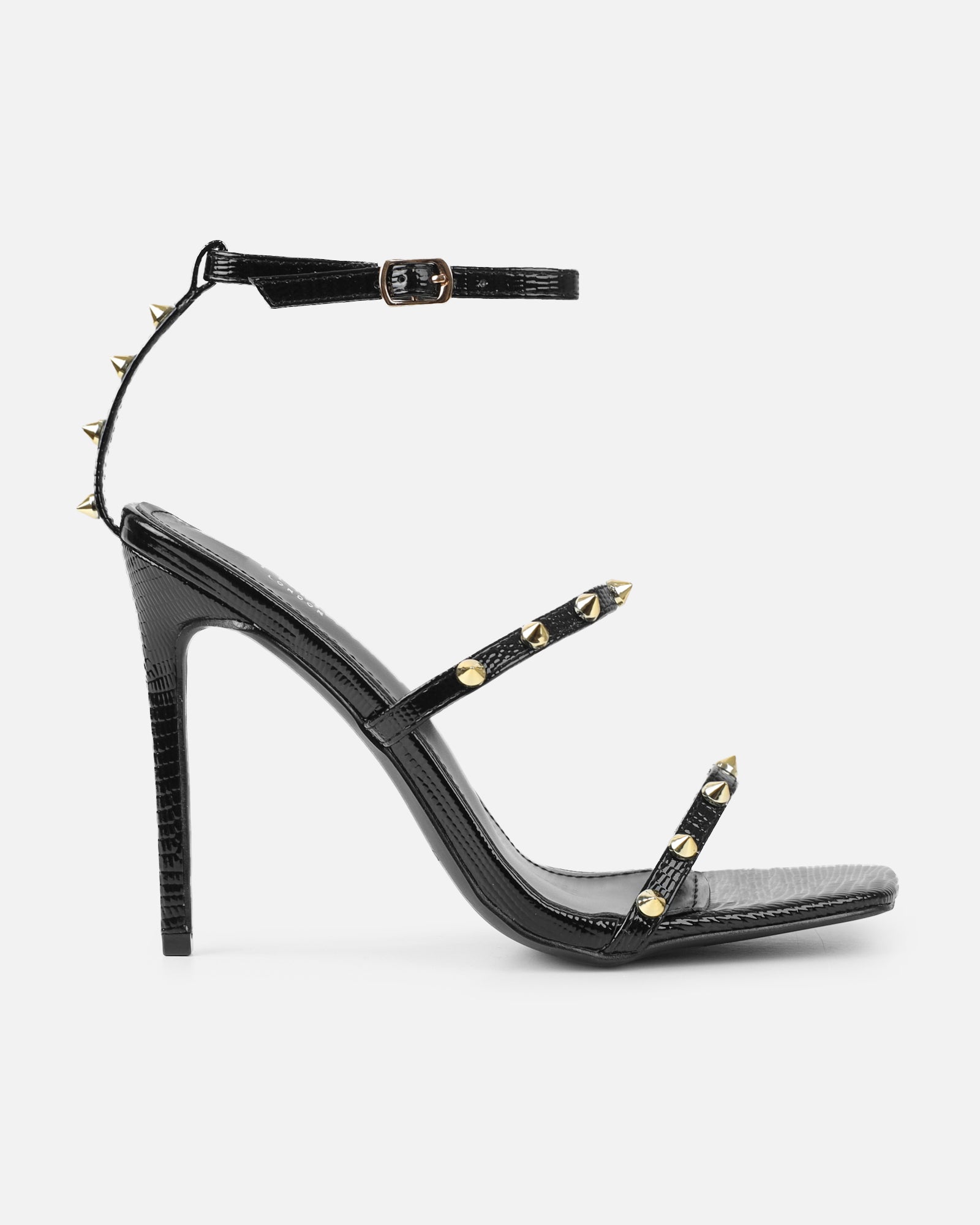 Layleigh black lizard effect studded heeled sandals | SIMMI London