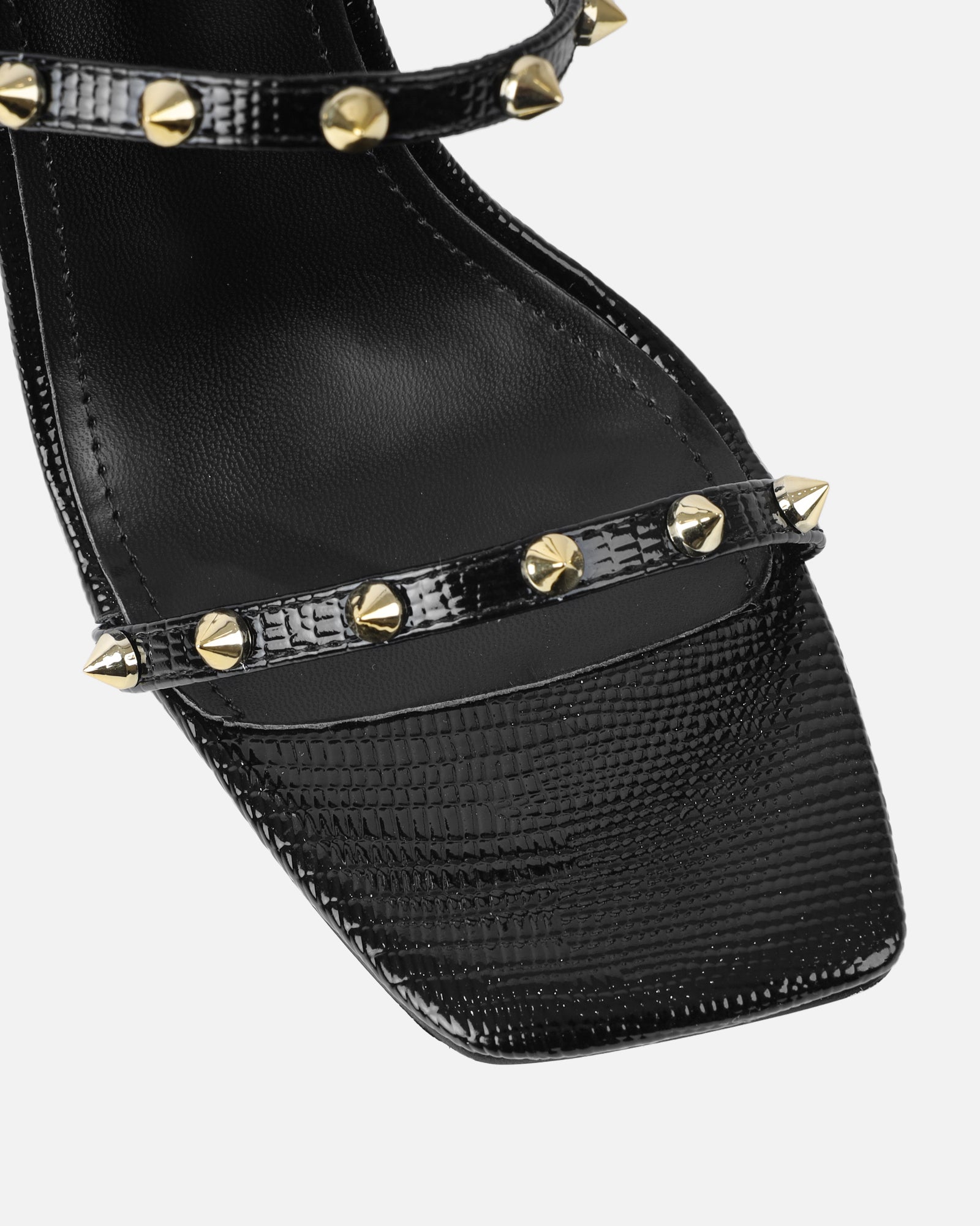 Layleigh black lizard effect studded heeled sandals | SIMMI London
