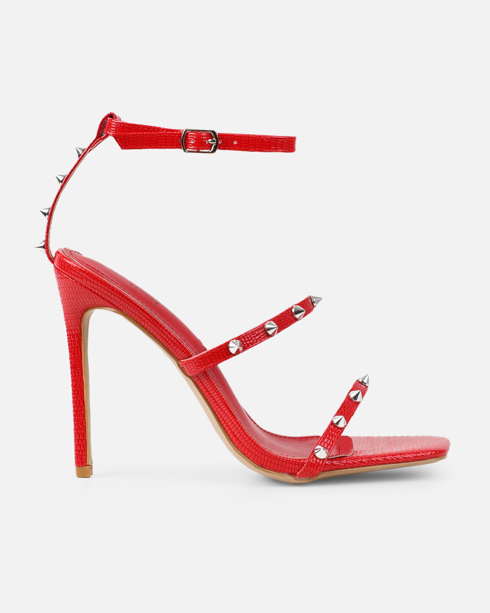 Layleigh Red Lizard Effect Studded Heeled Sandals | SIMMI London