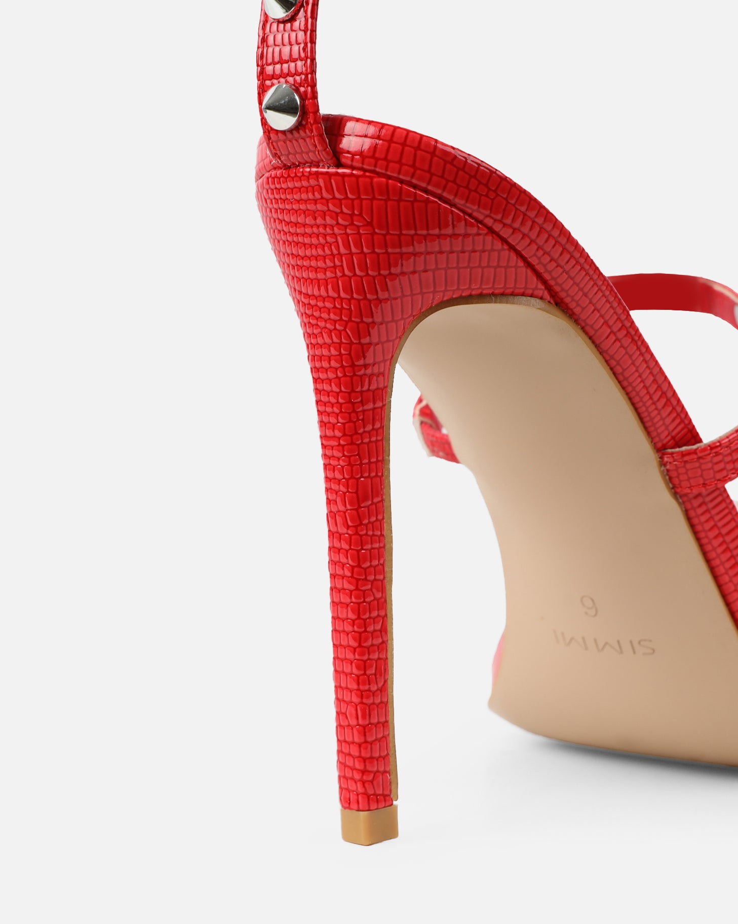 Layleigh Red Lizard Effect Studded Heeled Sandals | SIMMI London