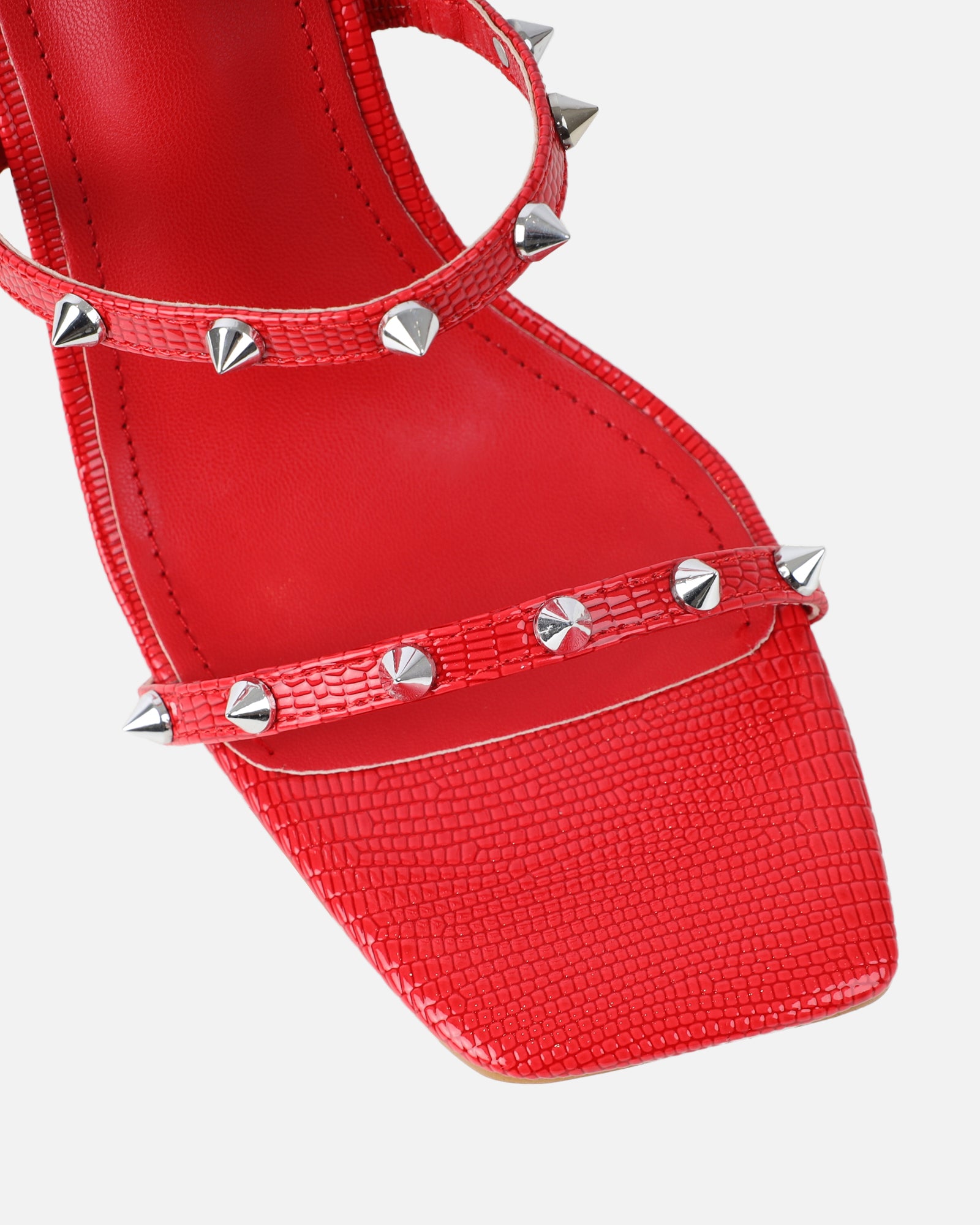 Layleigh Red Lizard Effect Studded Heeled Sandals | SIMMI London