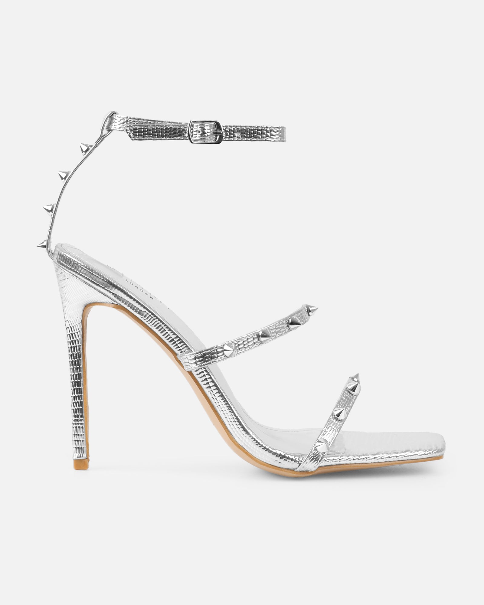 Layleigh Silver Lizard Effect Studded Heeled Sandals | SIMMI London