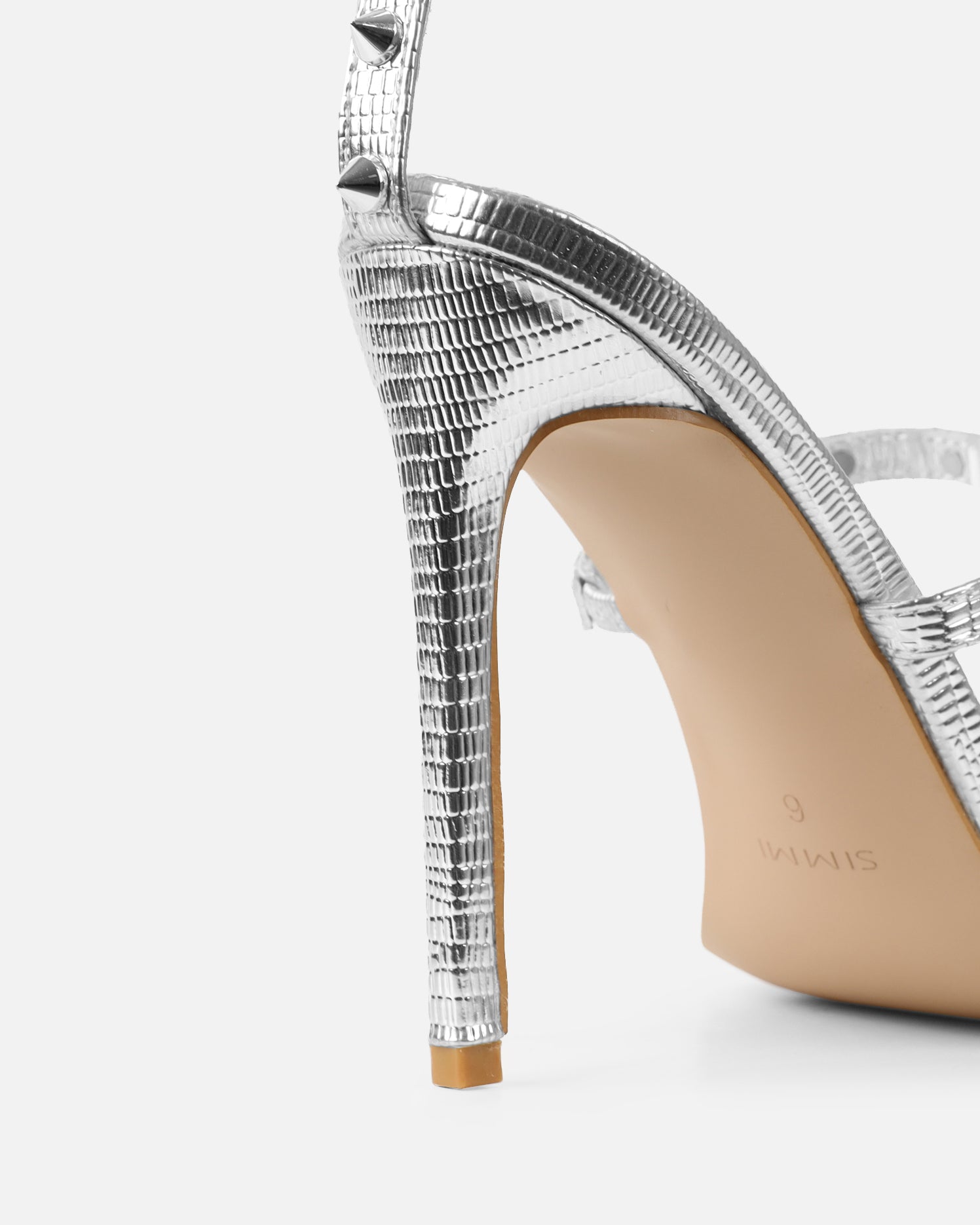 Layleigh Silver Lizard Effect Studded Heeled Sandals | SIMMI London