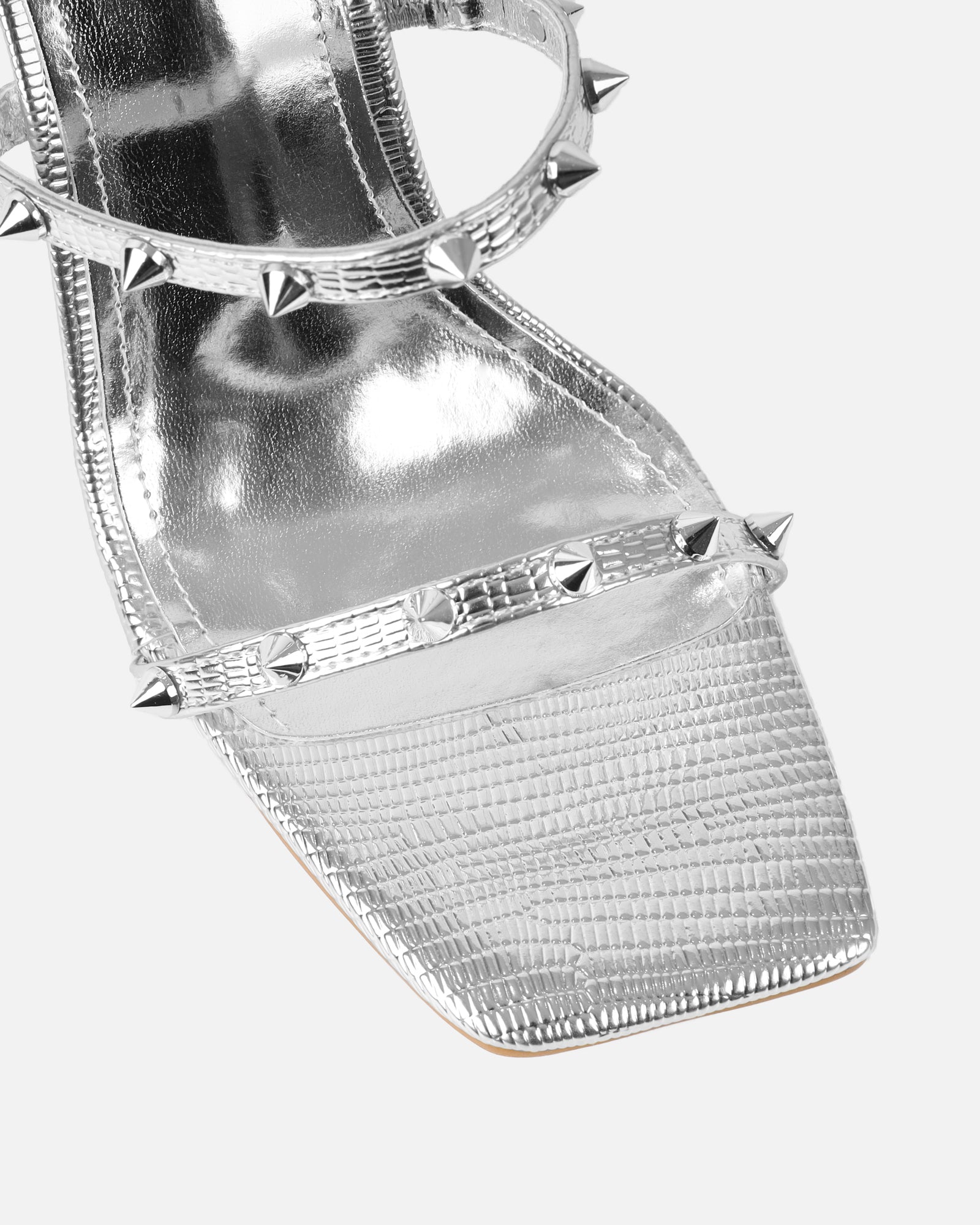 Layleigh Silver Lizard Effect Studded Heeled Sandals | SIMMI London