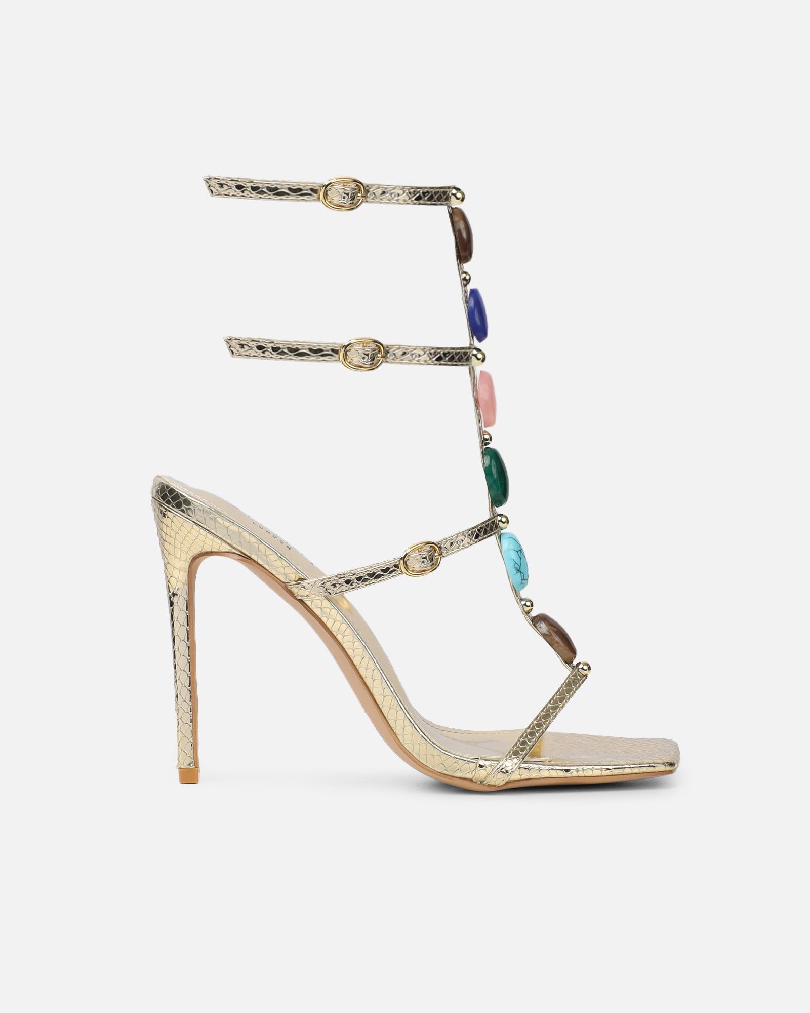 Elexi Light Gold Stone Embellished Heeled Sandals | SIMMI London